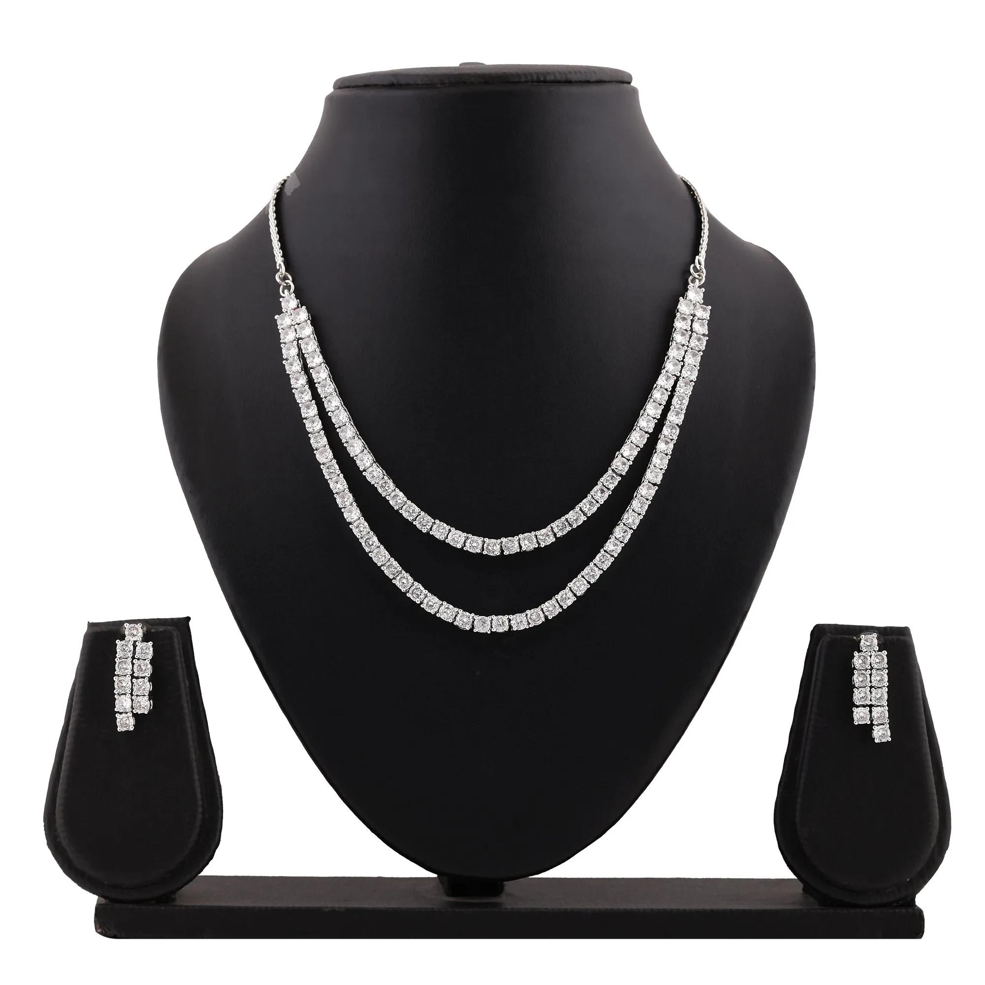 Estele Rhodium Plated CZ Classic Double Line Necklace Set for Women