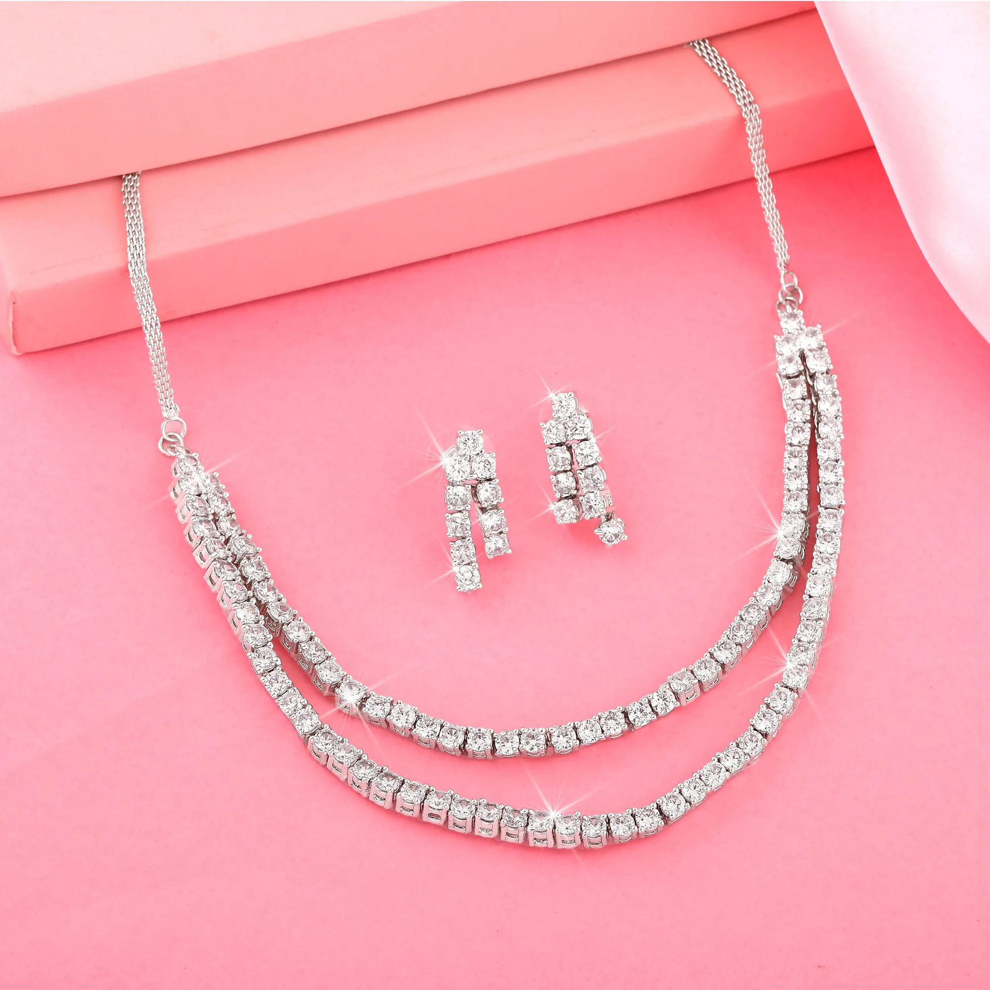 Estele Rhodium Plated CZ Classic Double Line Necklace Set for Women