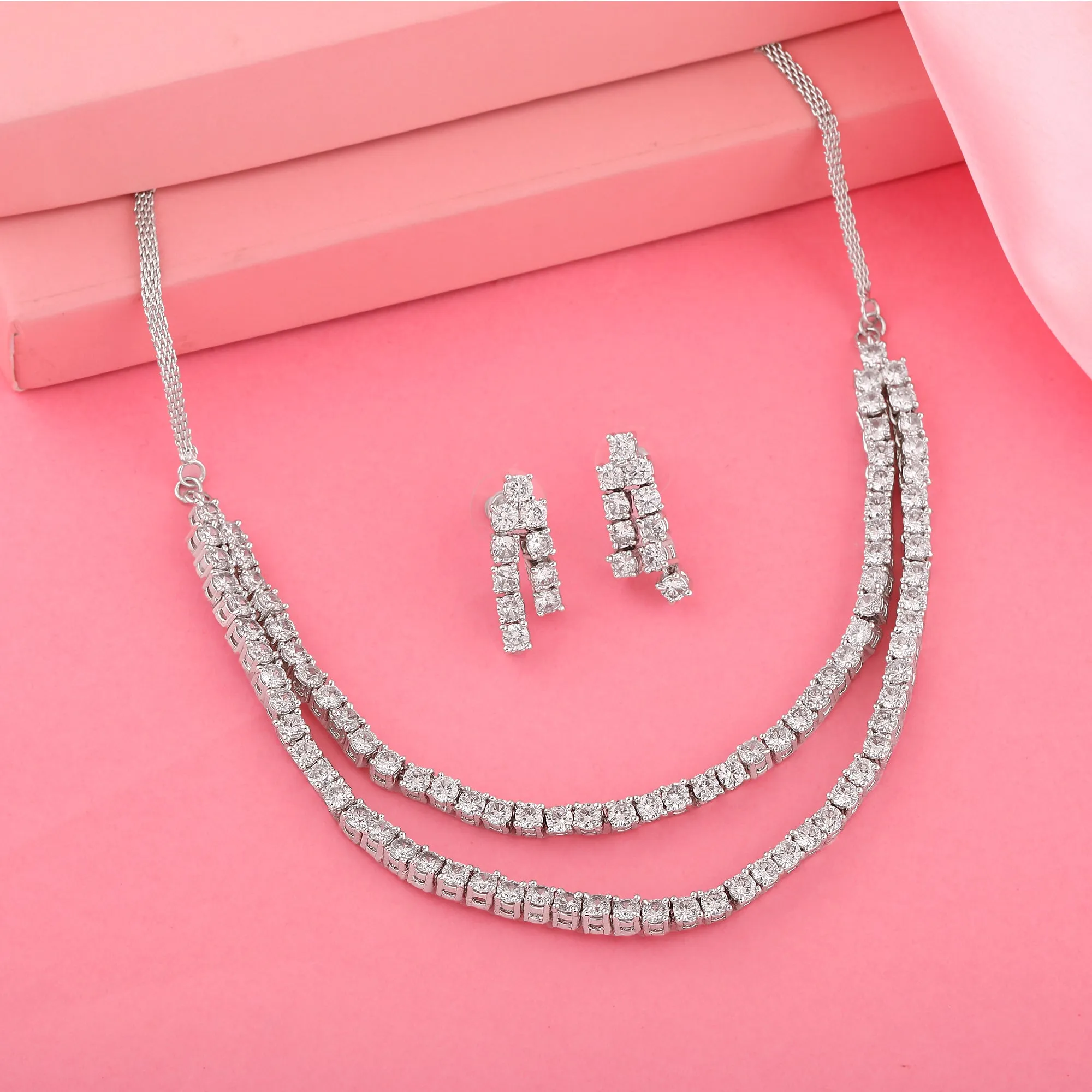 Estele Rhodium Plated CZ Classic Double Line Necklace Set for Women