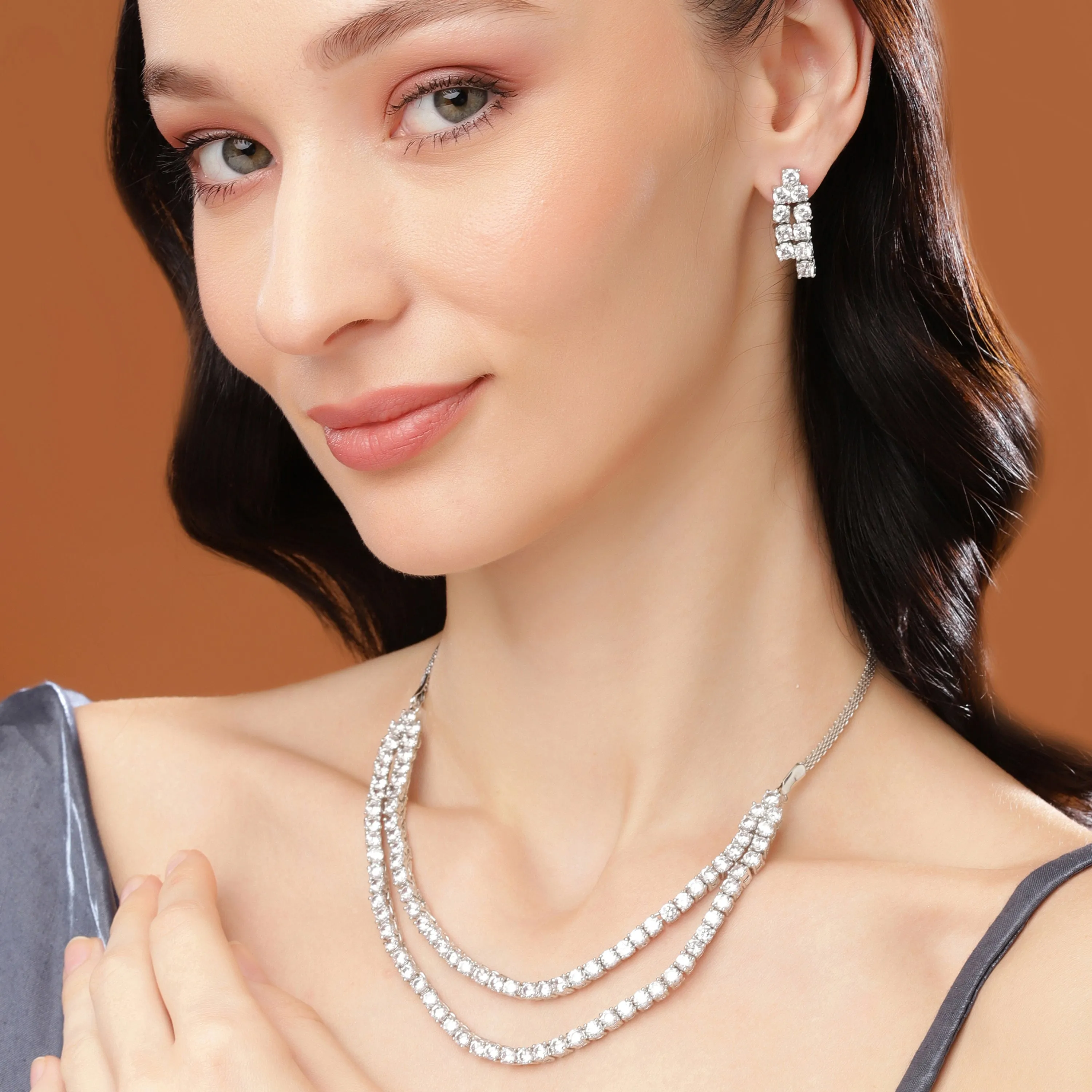 Estele Rhodium Plated CZ Classic Double Line Necklace Set for Women