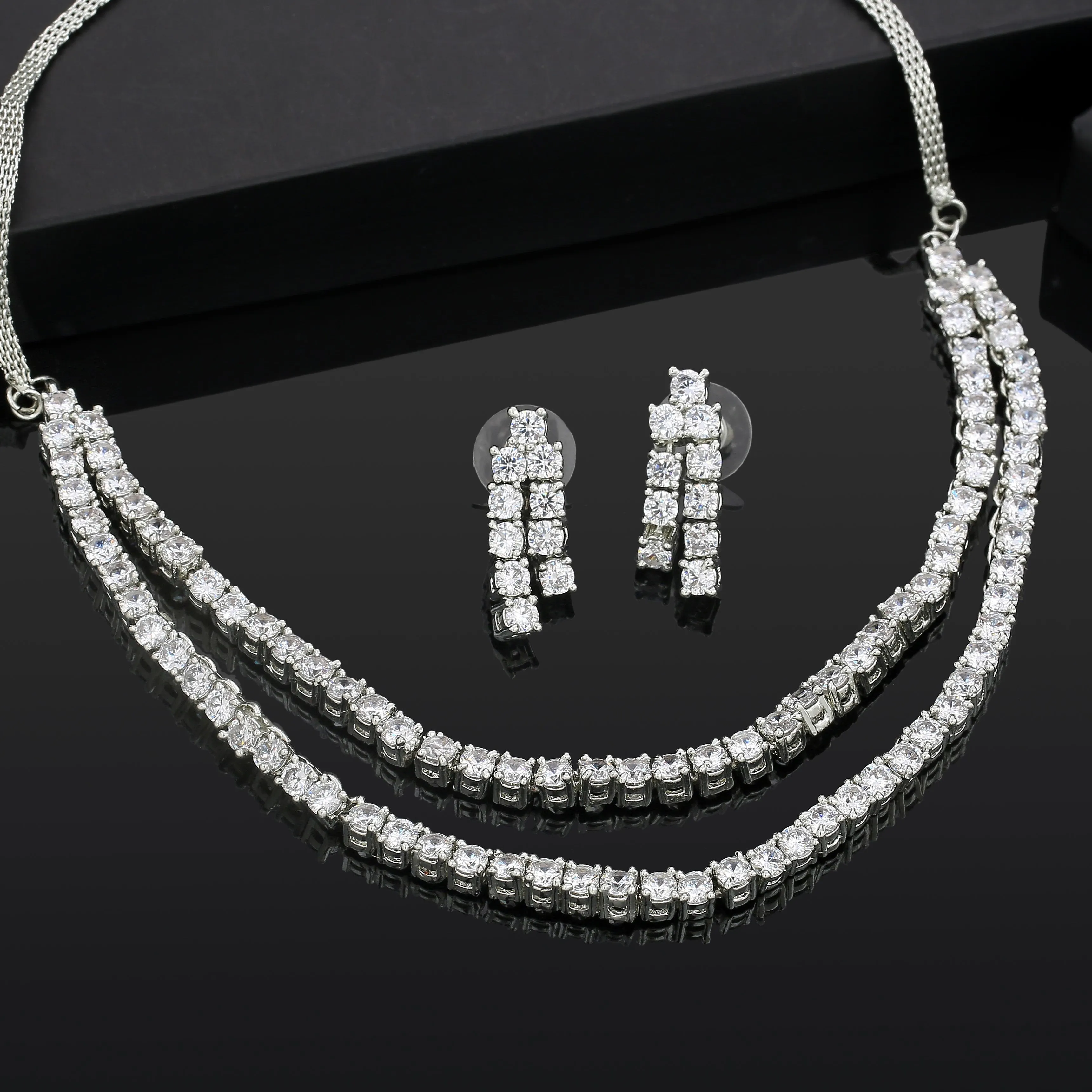 Estele Rhodium Plated CZ Classic Double Line Necklace Set for Women