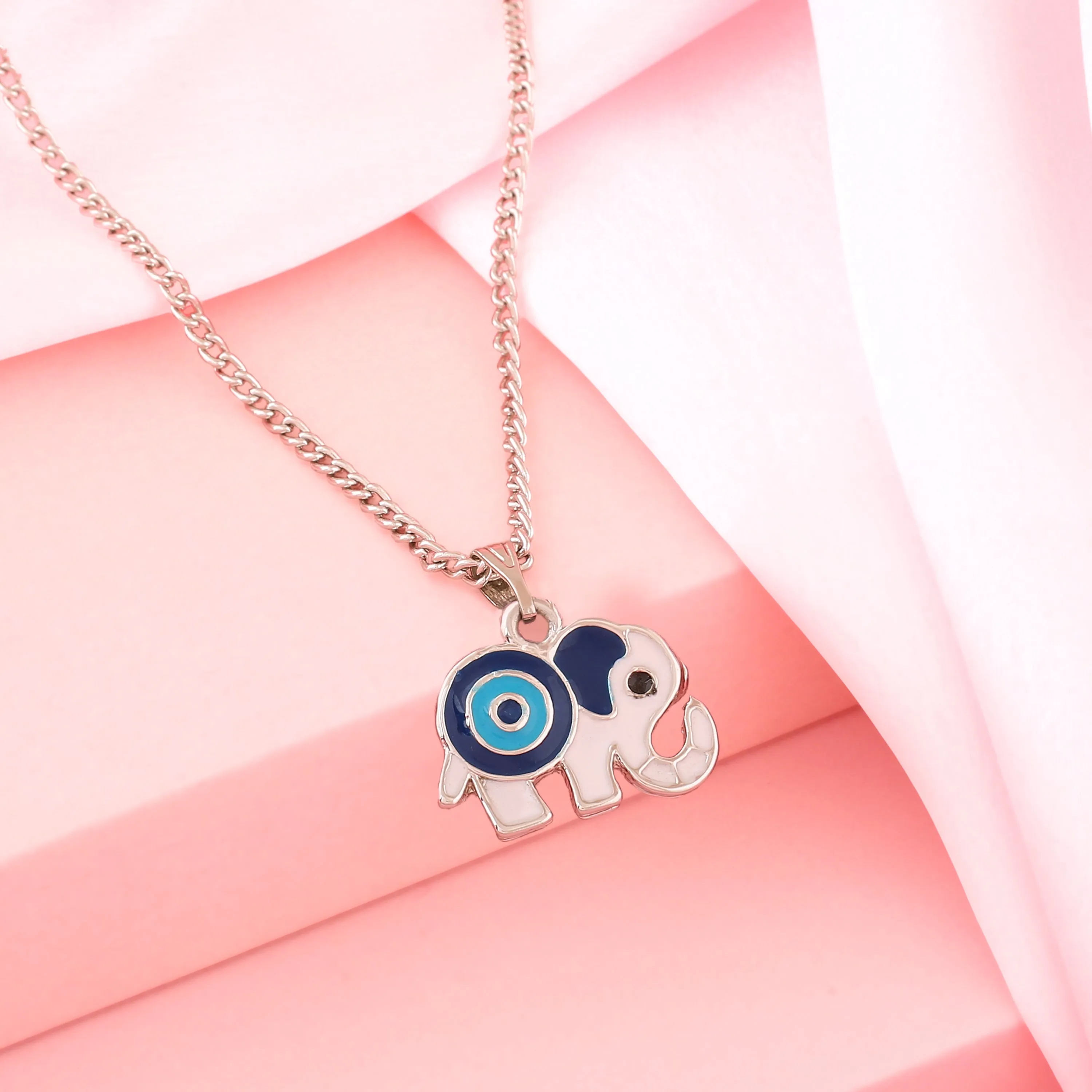 Estele Rhodium Plated Simply Gorgeous Evil Eye Elephant Charm Pendant with Navy Blue & Turquoise Blue Enamel for Girls & Women