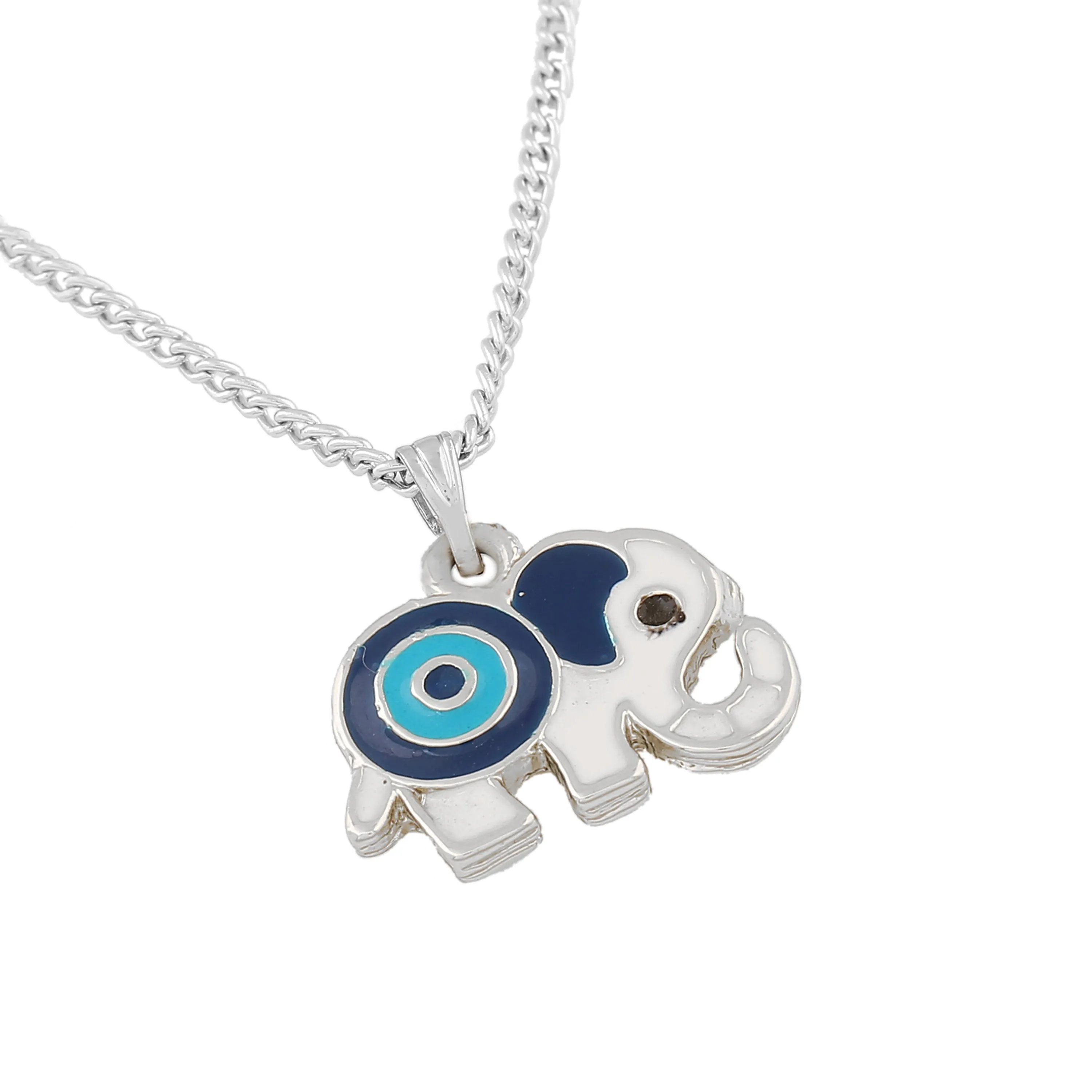 Estele Rhodium Plated Simply Gorgeous Evil Eye Elephant Charm Pendant with Navy Blue & Turquoise Blue Enamel for Girls & Women