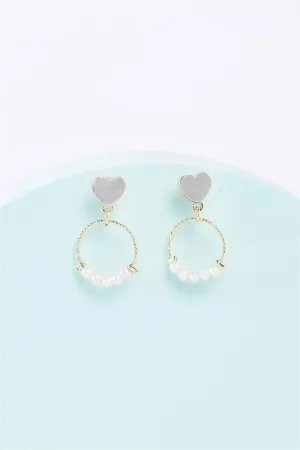 Gold & Grey Heart Pearl Circle Drop Earrings