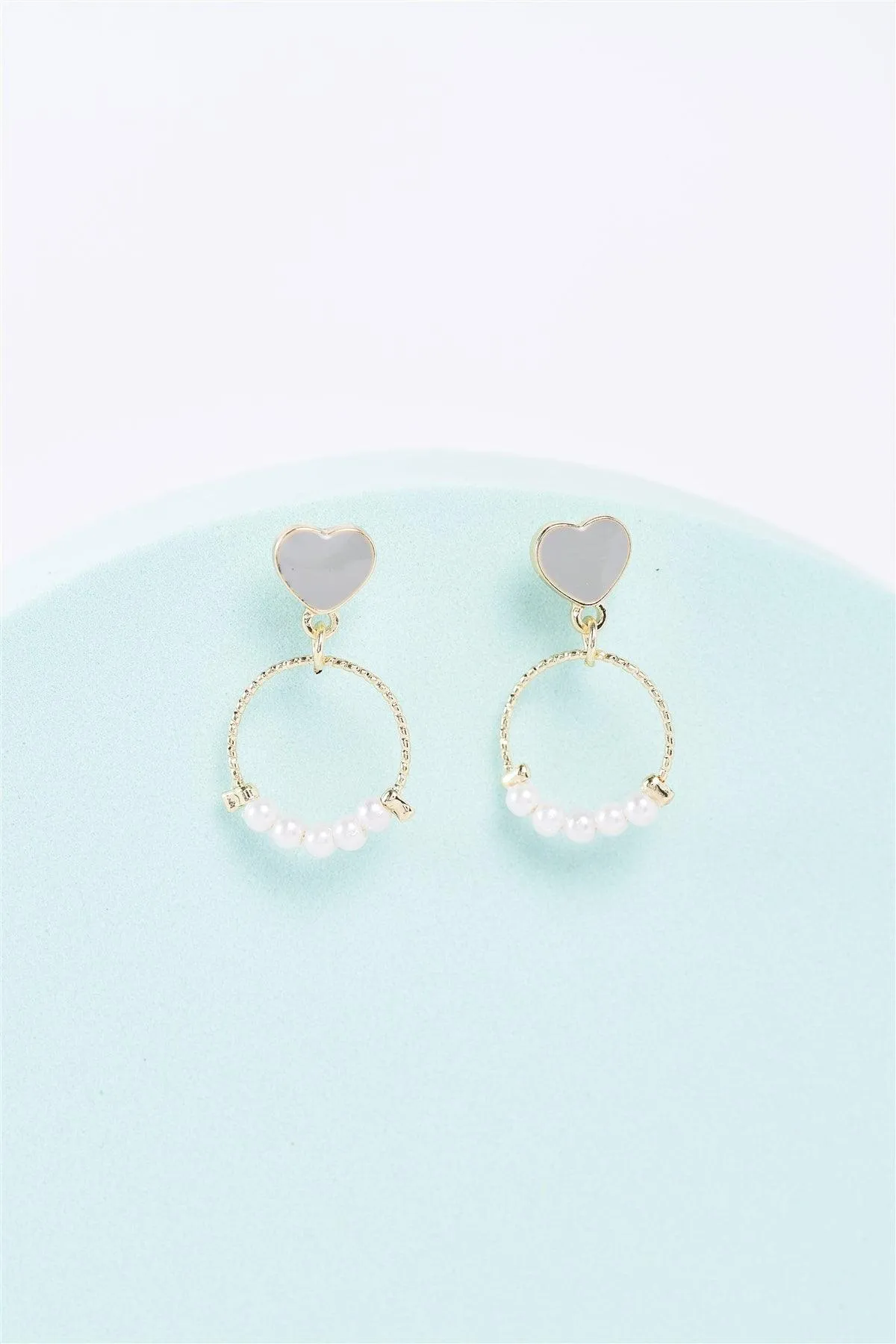 Gold & Grey Heart Pearl Circle Drop Earrings