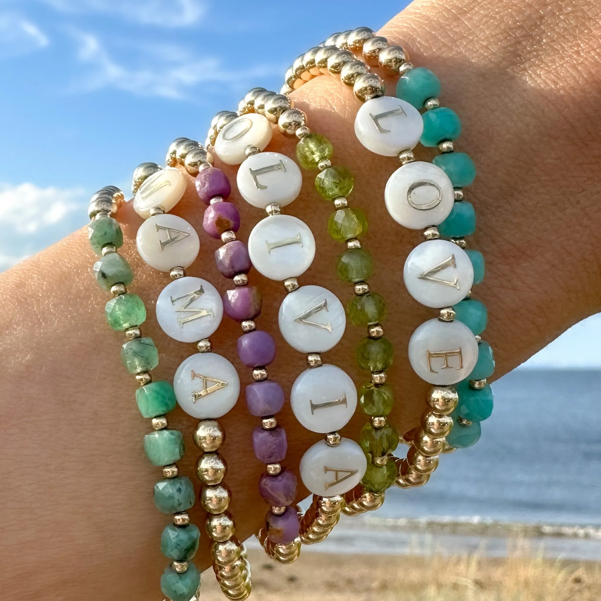 Gold Beaded Name Bracelet | Mother of Pearl