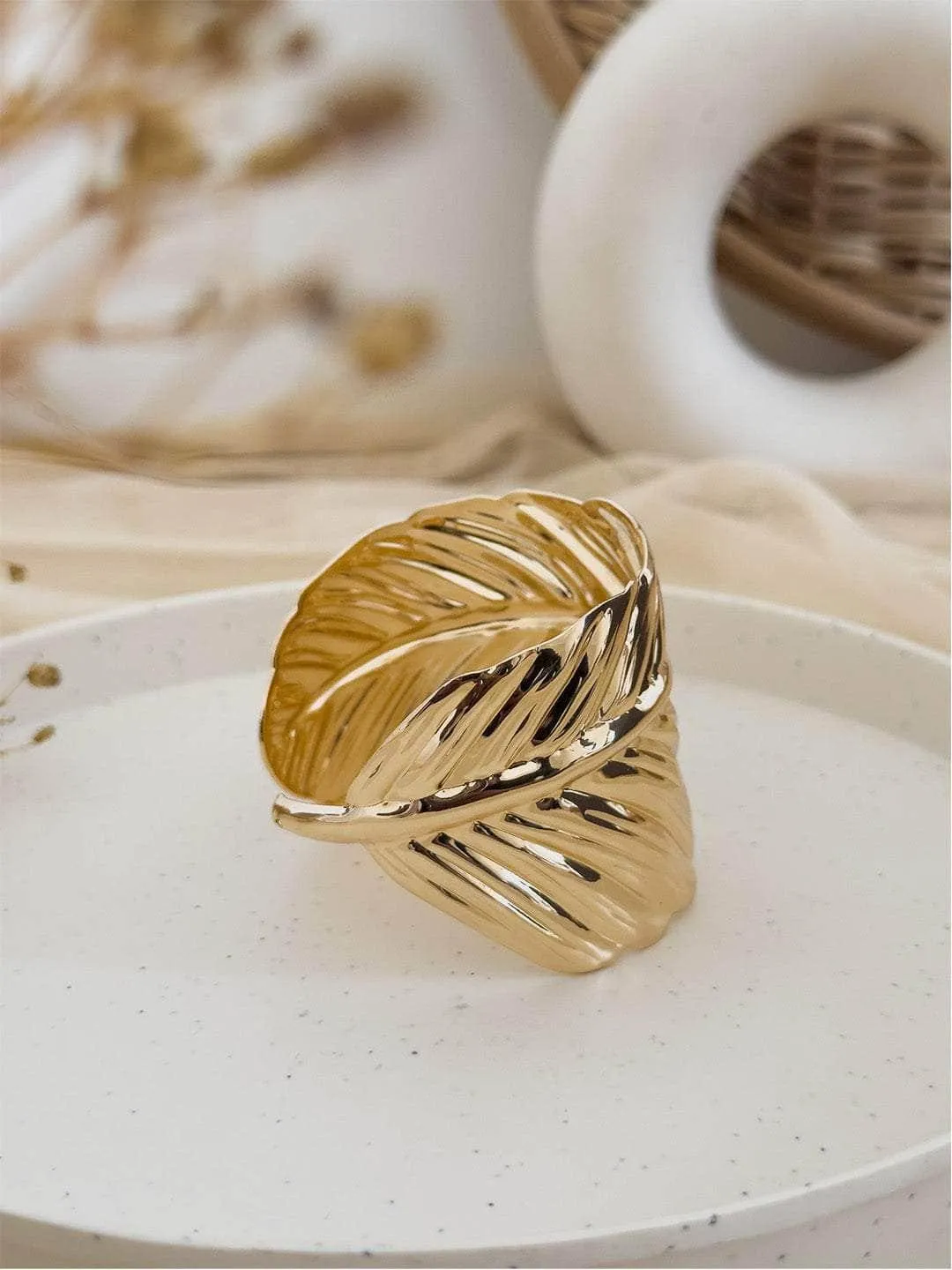 Gold Wide Leaf Cuff Bracelet