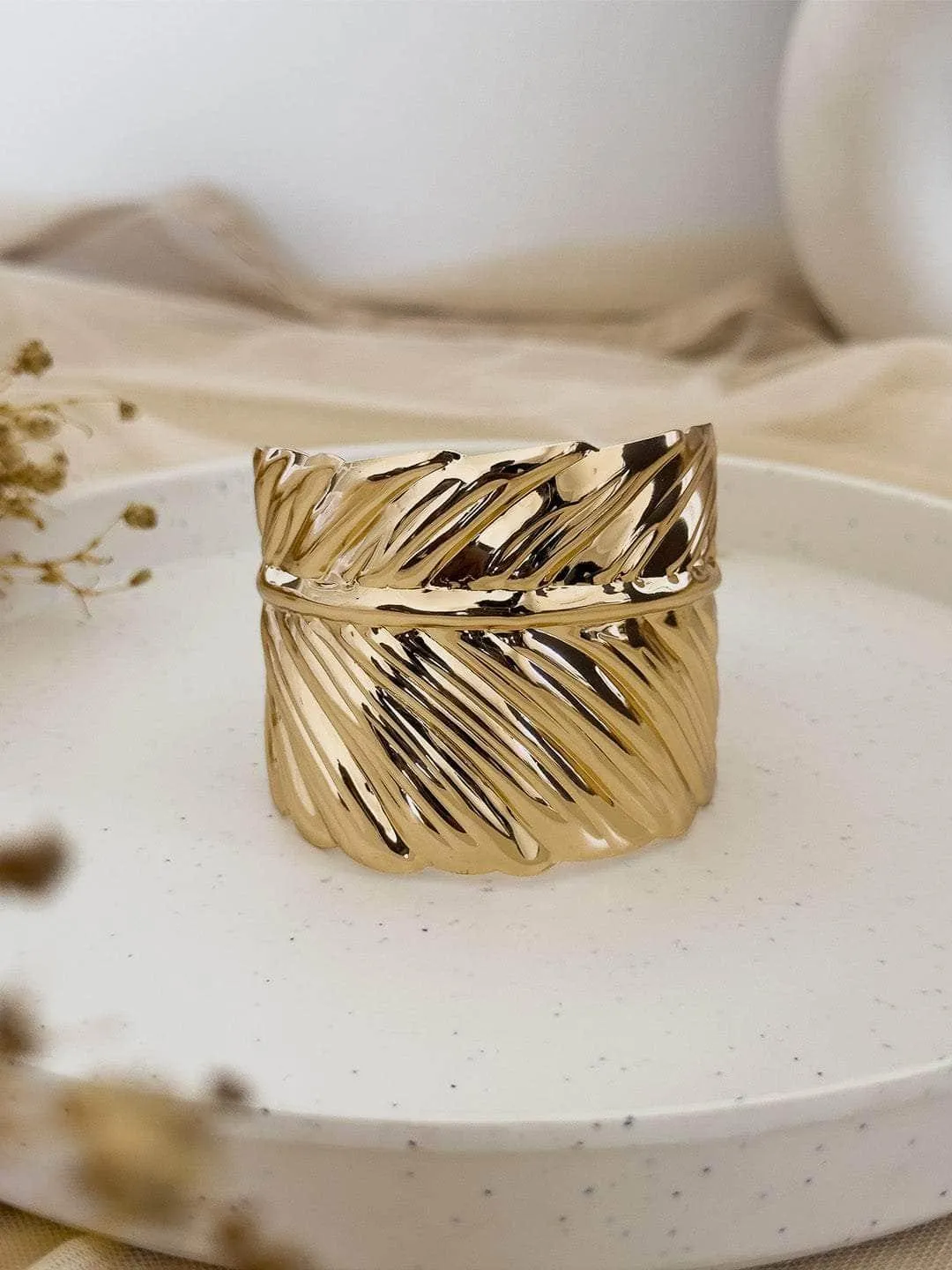 Gold Wide Leaf Cuff Bracelet