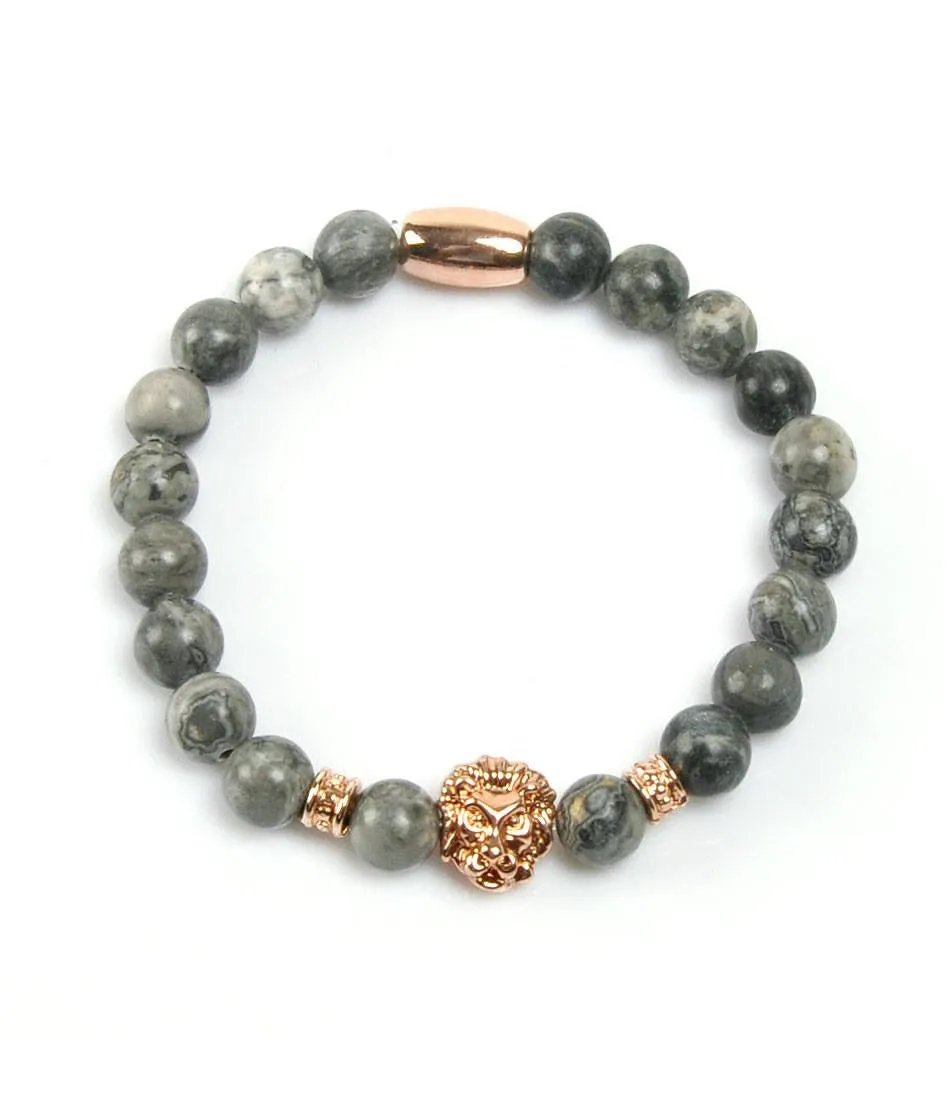 Grey Jasper Rose Gold Lion Charm Bracelet