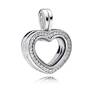 Heart floating locket silver dangle with clear cubic zirconia