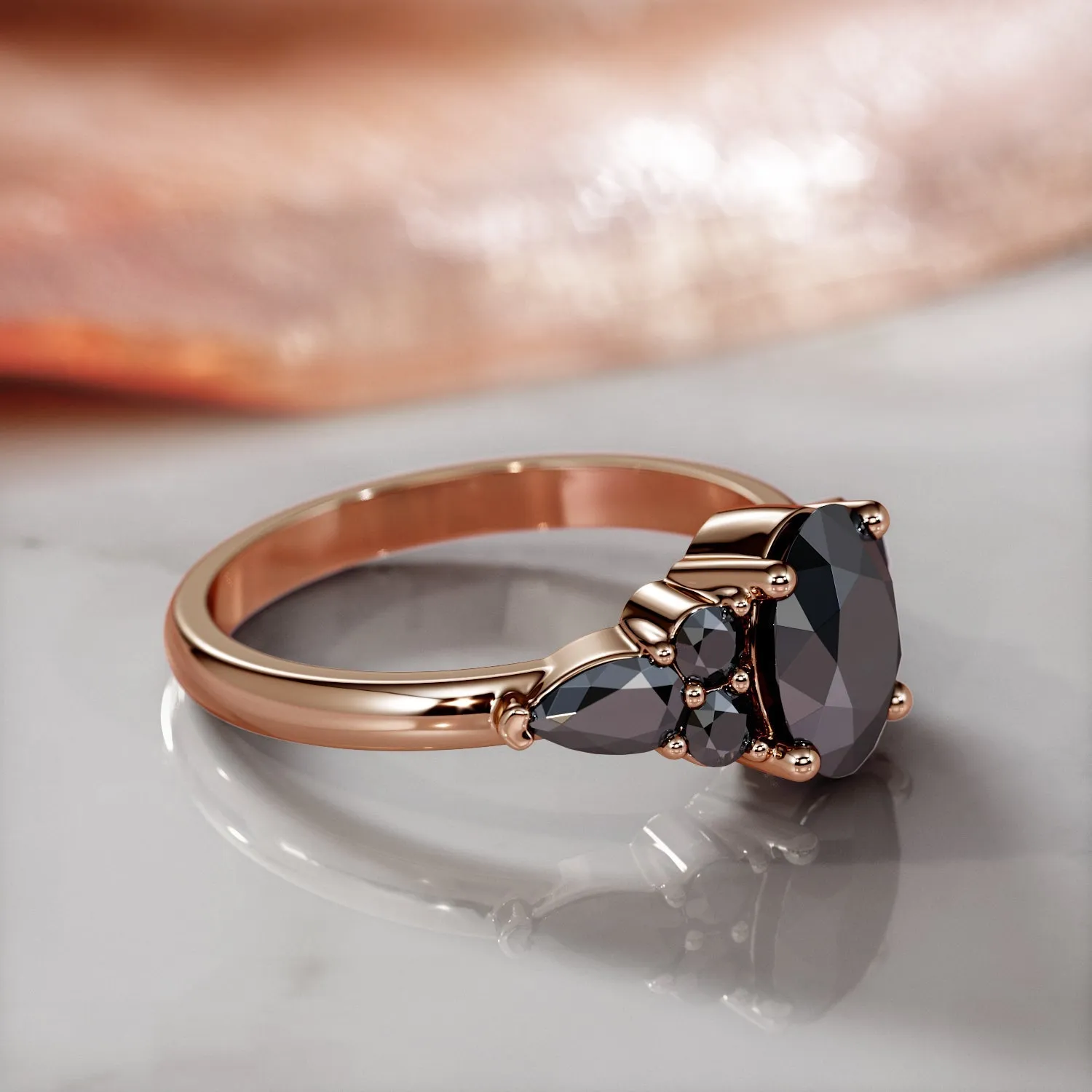 Hidden Nodes - Art Deco Natural Black Diamond Oval Engagement Ring in Rose Gold