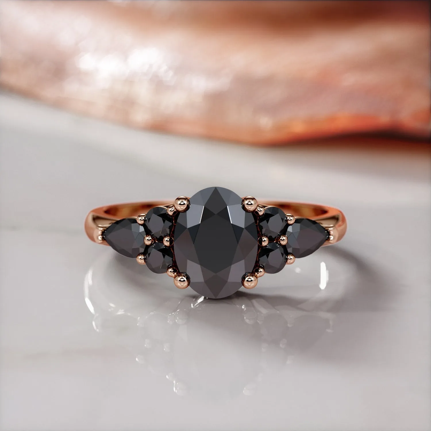 Hidden Nodes - Art Deco Natural Black Diamond Oval Engagement Ring in Rose Gold