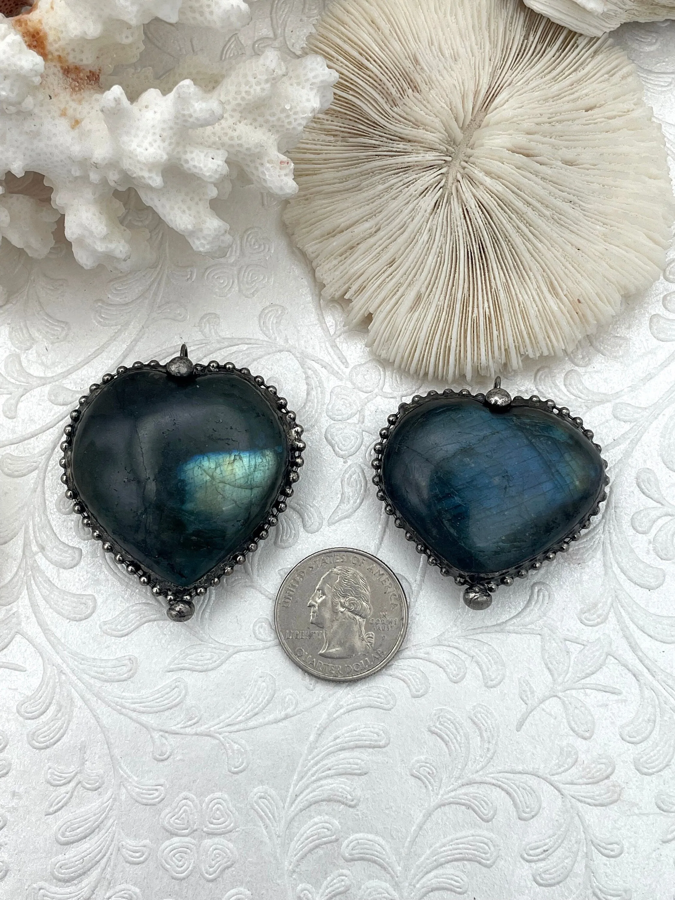 Labradorite Pendants with Textured Burnished Silver Soldered Bezel. Variety of sizes and stones, all unique. Heart or Round Shape. Fast Ship