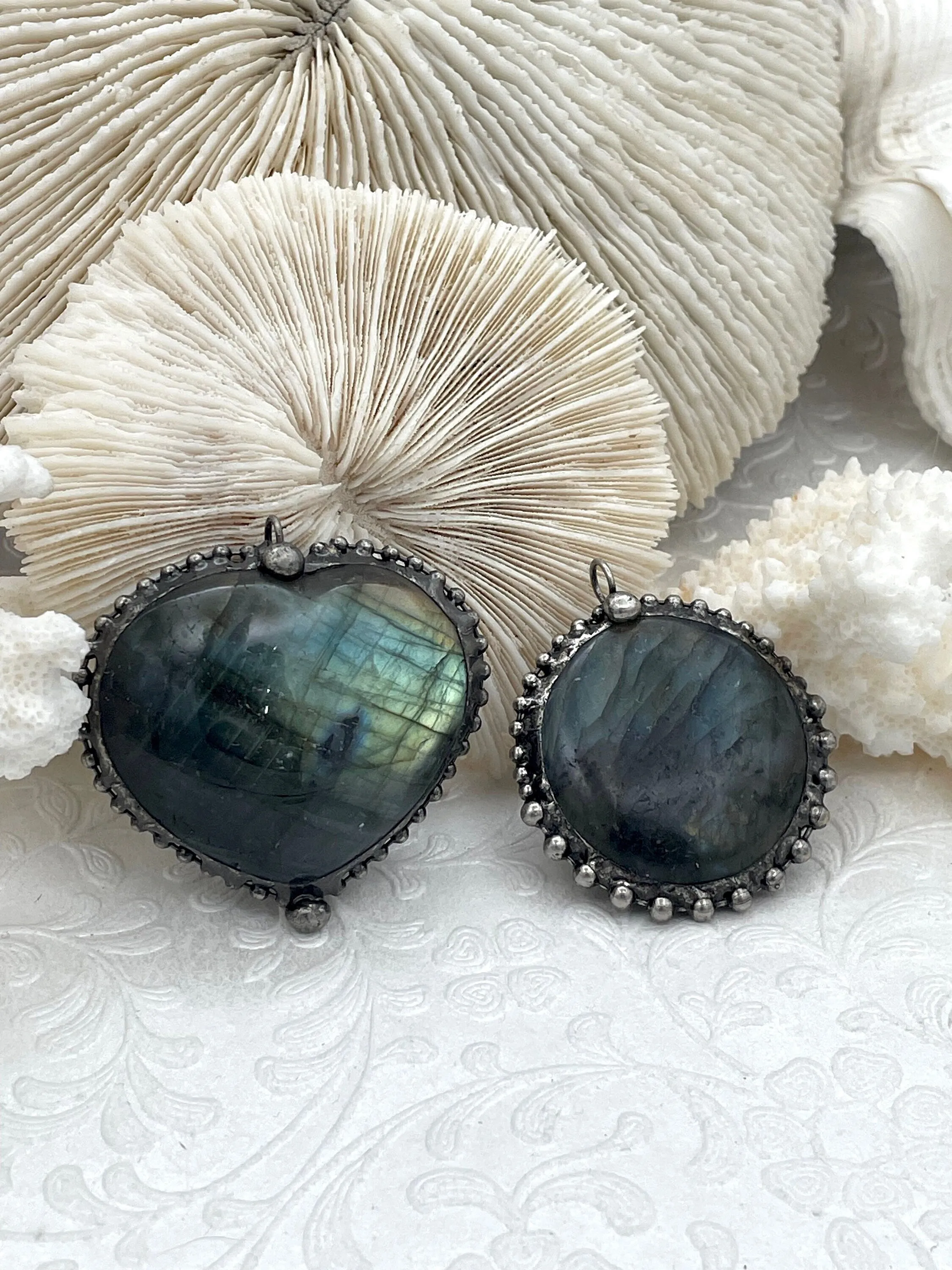 Labradorite Pendants with Textured Burnished Silver Soldered Bezel. Variety of sizes and stones, all unique. Heart or Round Shape. Fast Ship