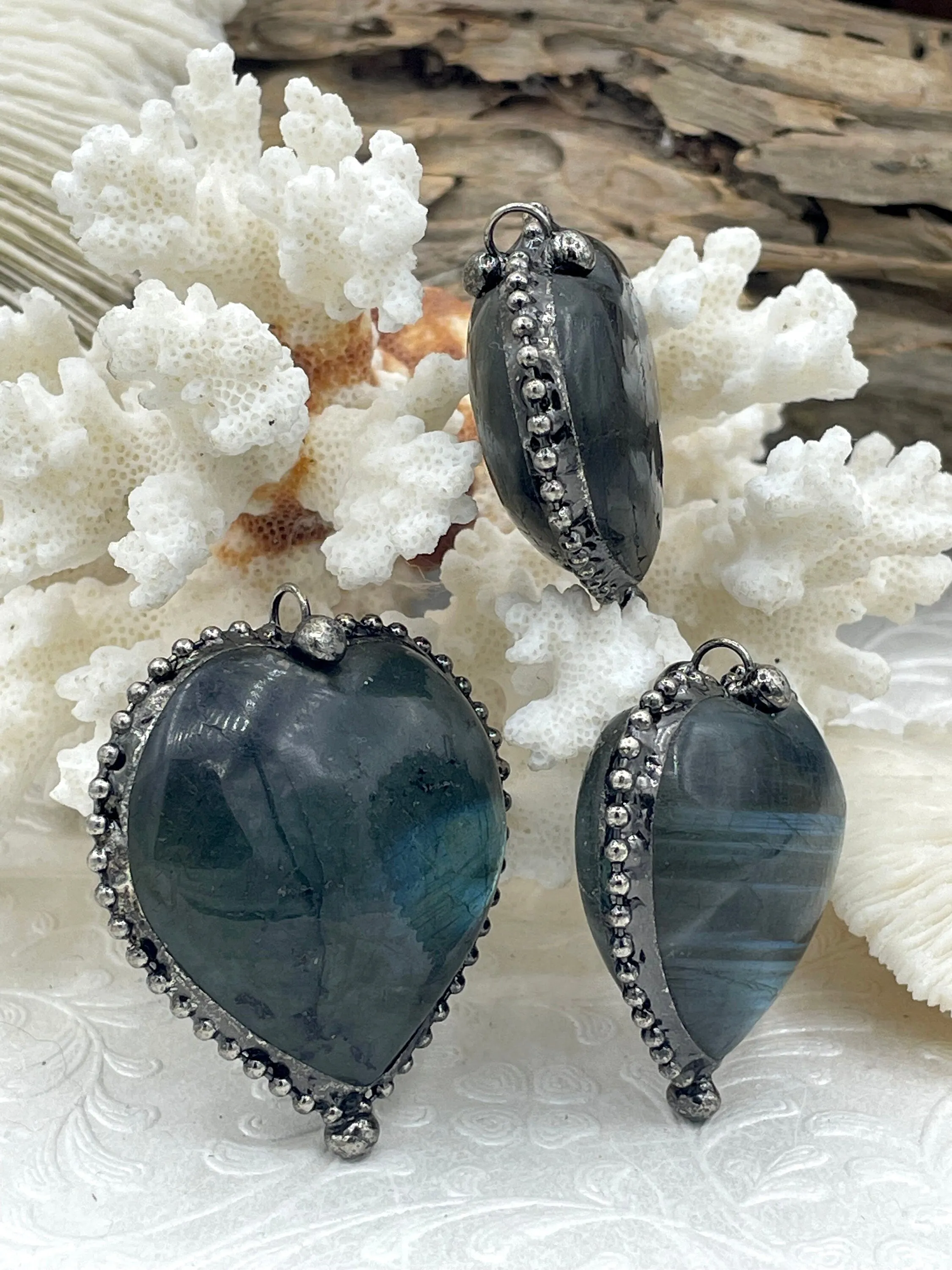 Labradorite Pendants with Textured Burnished Silver Soldered Bezel. Variety of sizes and stones, all unique. Heart or Round Shape. Fast Ship