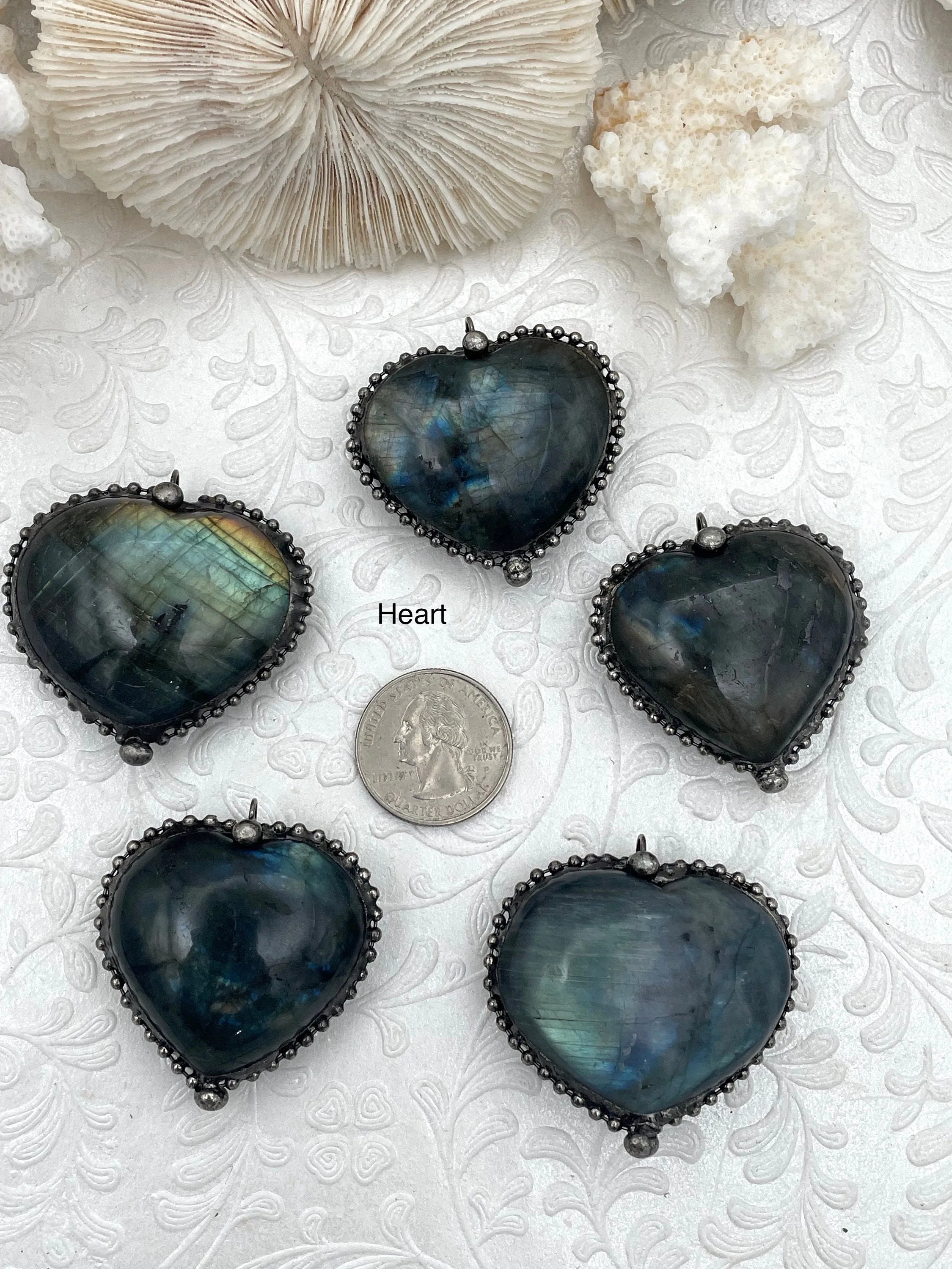 Labradorite Pendants with Textured Burnished Silver Soldered Bezel. Variety of sizes and stones, all unique. Heart or Round Shape. Fast Ship