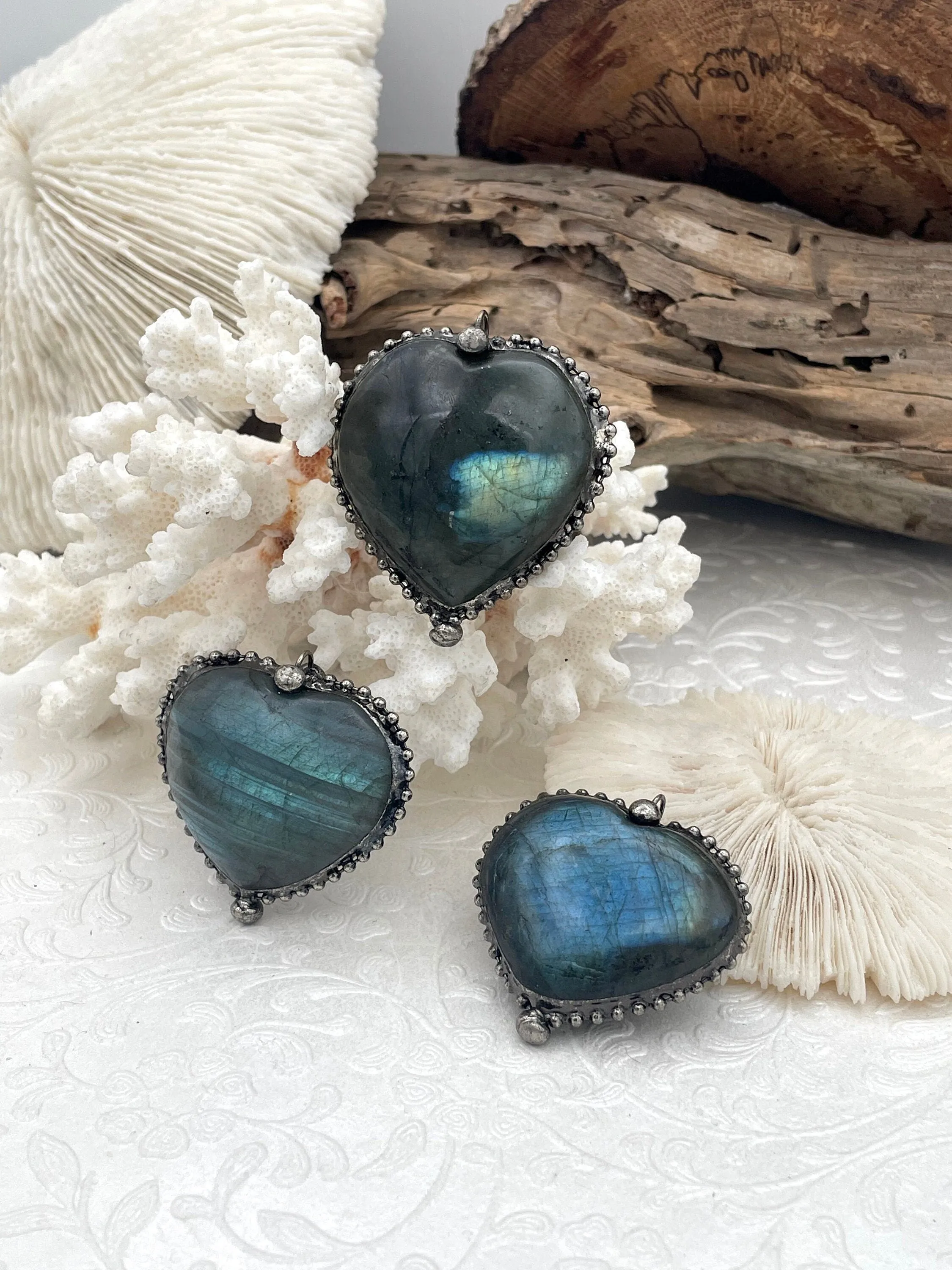 Labradorite Pendants with Textured Burnished Silver Soldered Bezel. Variety of sizes and stones, all unique. Heart or Round Shape. Fast Ship