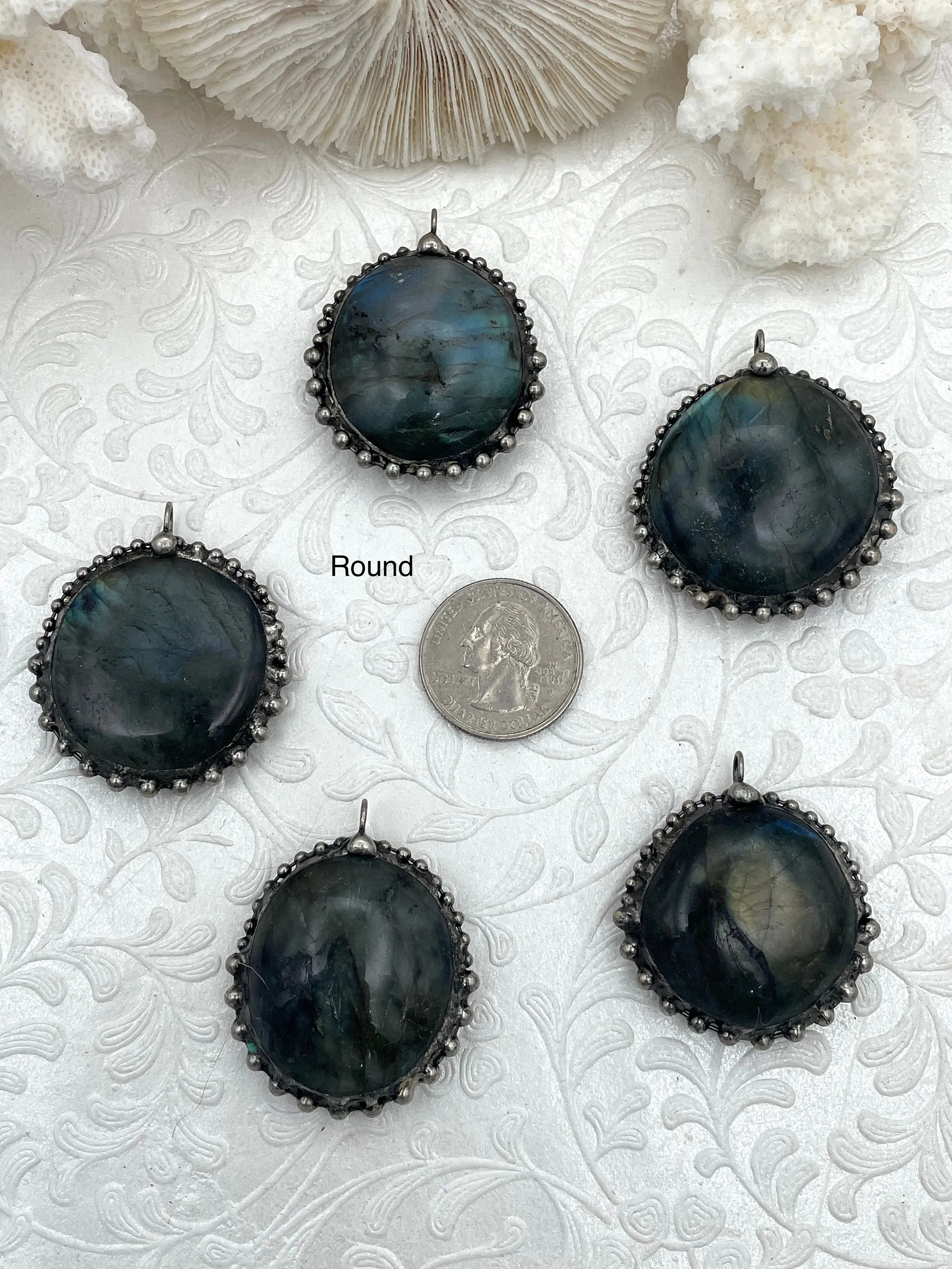 Labradorite Pendants with Textured Burnished Silver Soldered Bezel. Variety of sizes and stones, all unique. Heart or Round Shape. Fast Ship