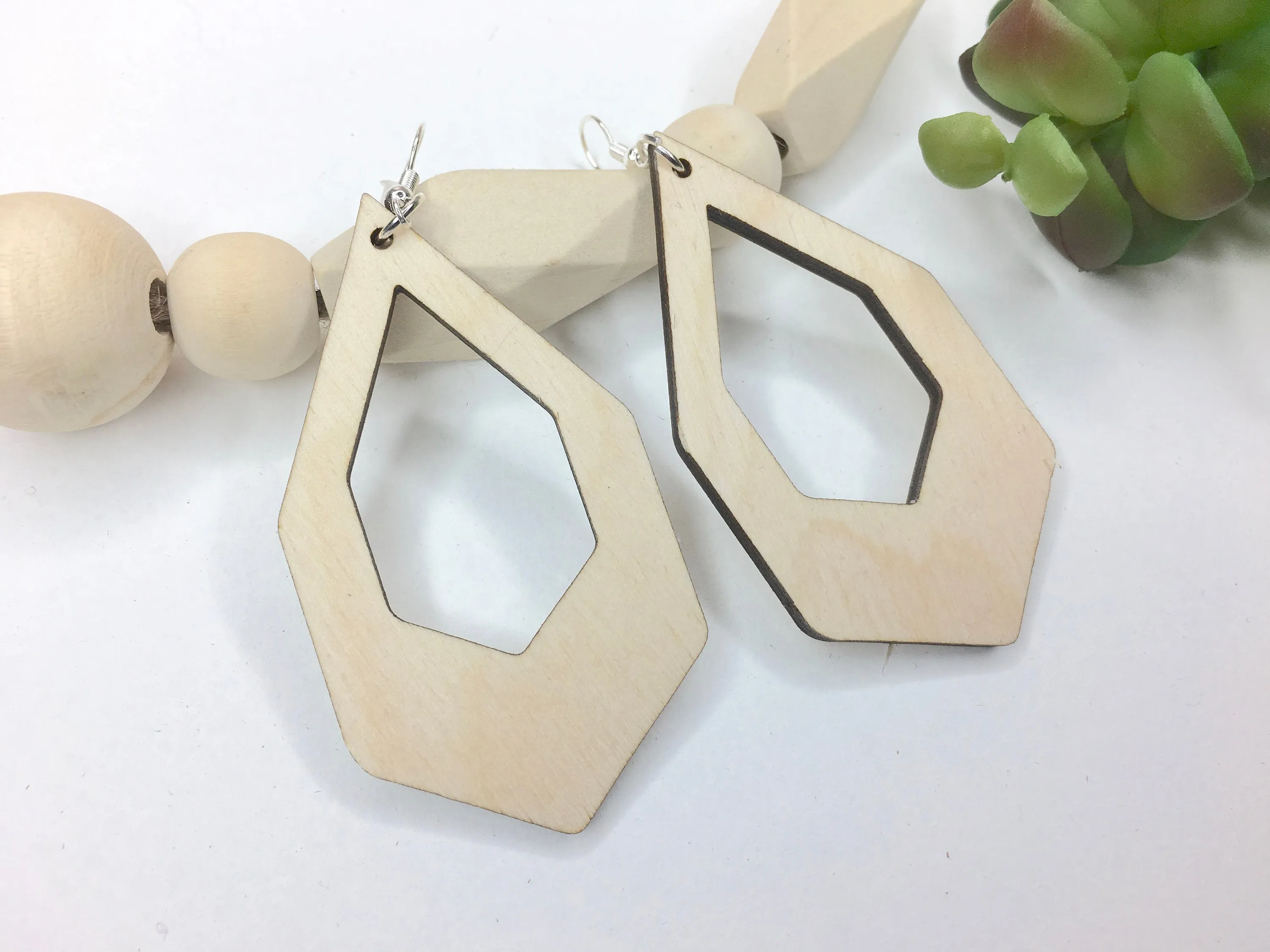 Large Geometric Drop Earrings Dangle Wooden Earrings Birthday Gift Idea Cream Earrings