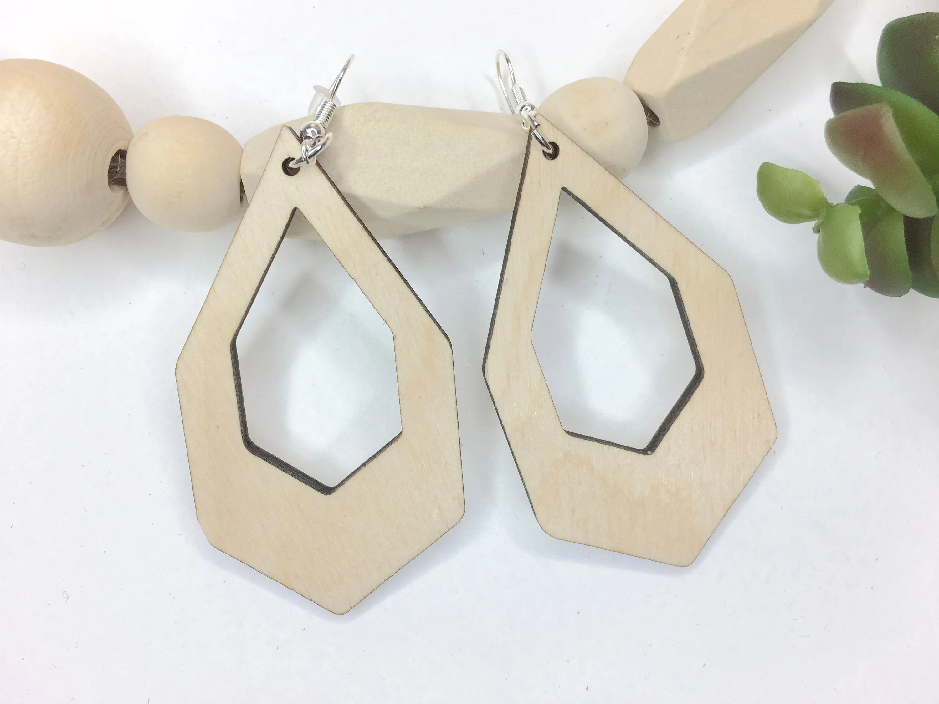 Large Geometric Drop Earrings Dangle Wooden Earrings Birthday Gift Idea Cream Earrings