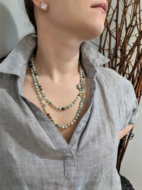 Long Amazonite Gemstone Necklace with Turtle Charm