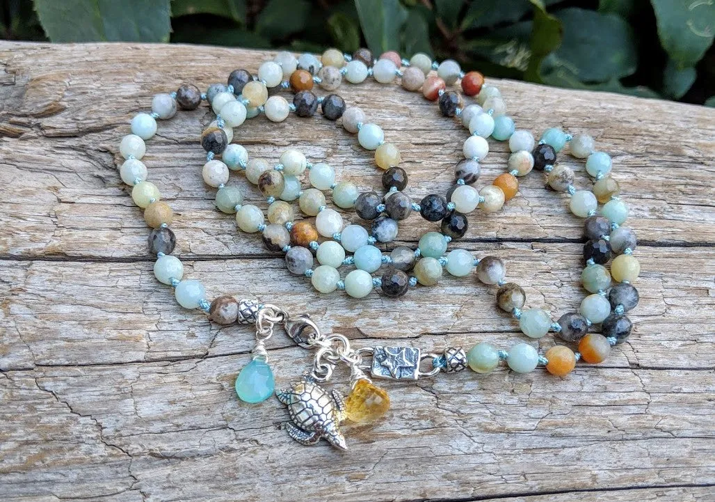 Long Amazonite Gemstone Necklace with Turtle Charm