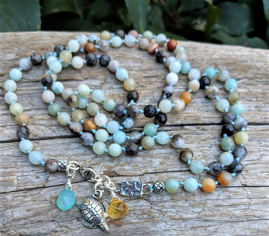 Long Amazonite Gemstone Necklace with Turtle Charm