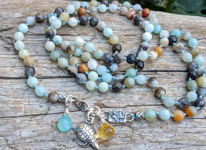 Long Amazonite Gemstone Necklace with Turtle Charm