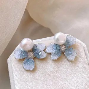 Luxury Crystal Flower Pearl Stud Temperament Elegant Korean Earring