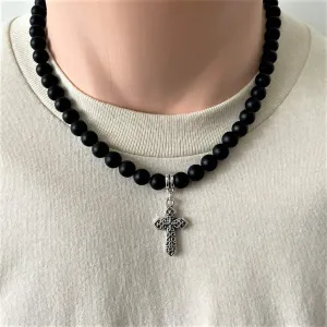 Matte Black Onyx Mens Beaded Necklace with Silver Cross