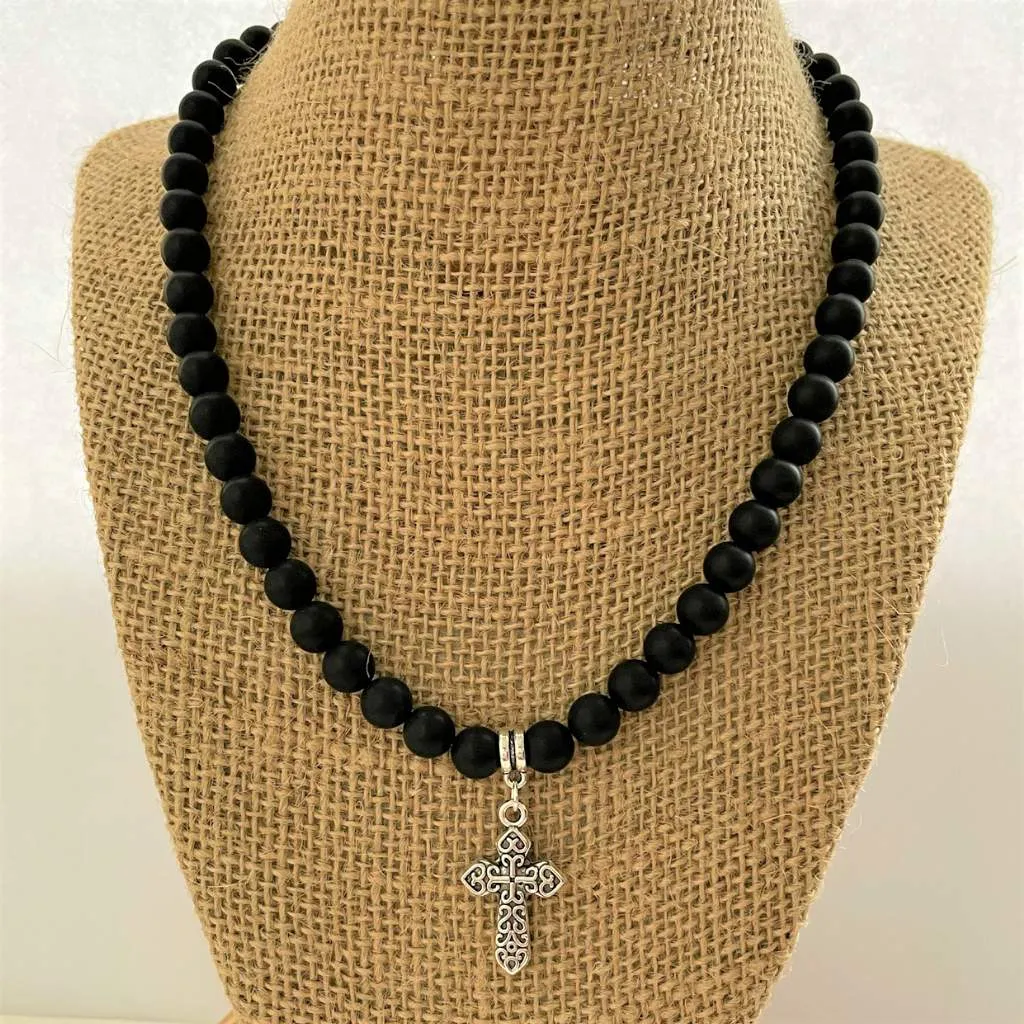 Matte Black Onyx Mens Beaded Necklace with Silver Cross