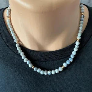 Mens Blue and White Agate and Gold Beaded Necklace