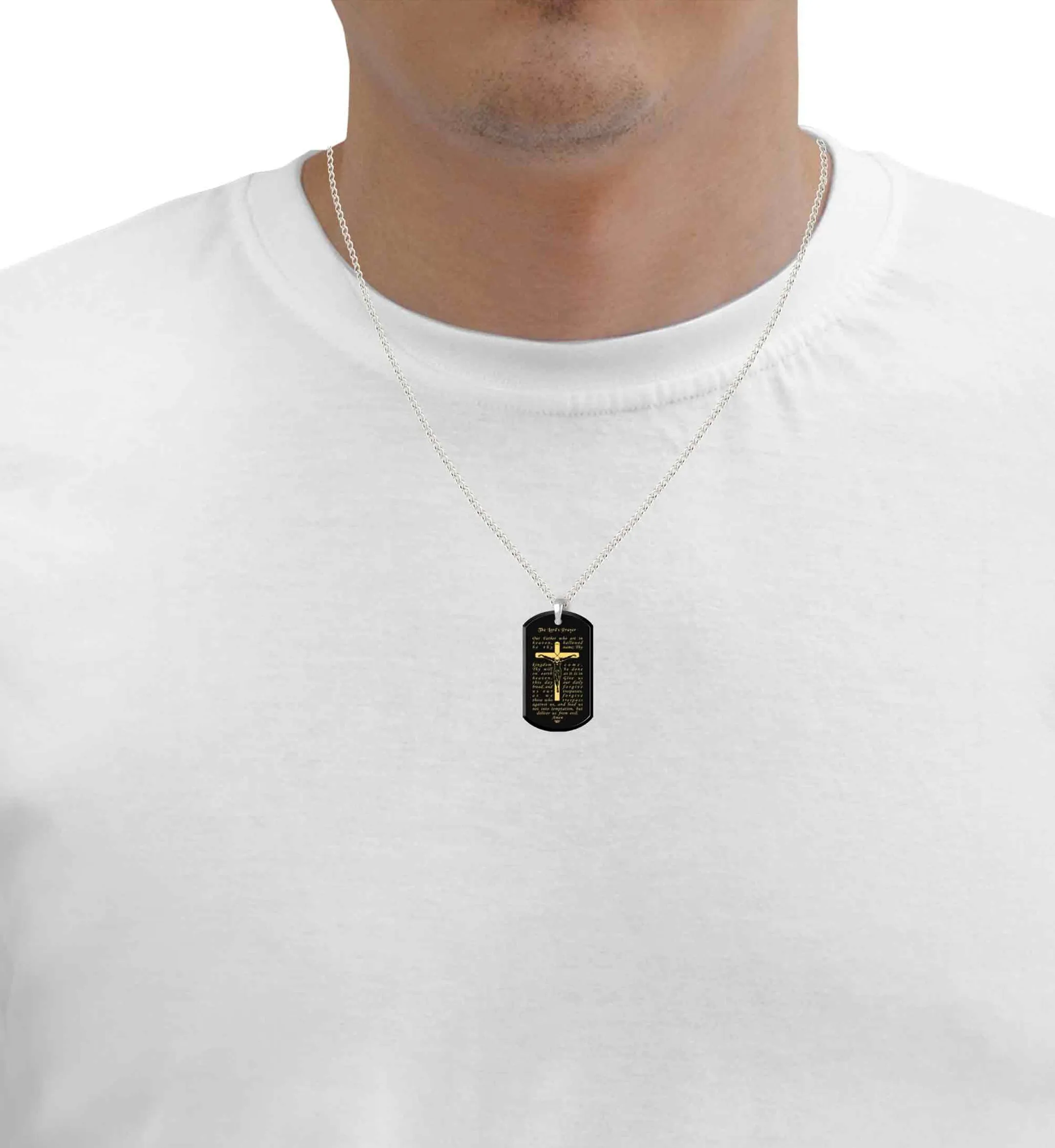 Men’s Crucifix Necklace Lord’s Prayer Dog Tag Pendant Gold Inscribed