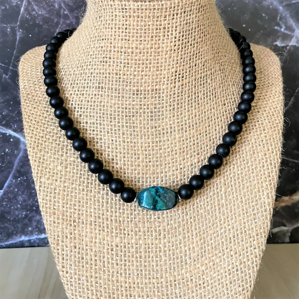 Mens Matte Black Onyx and Yellow Turquoise Stone Necklace