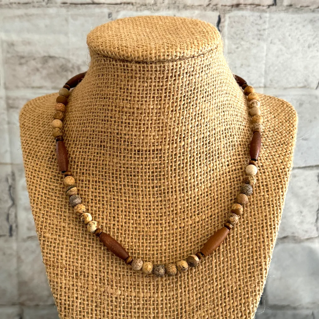 Mens Matte Picture Jasper and Elongated Wood Bead