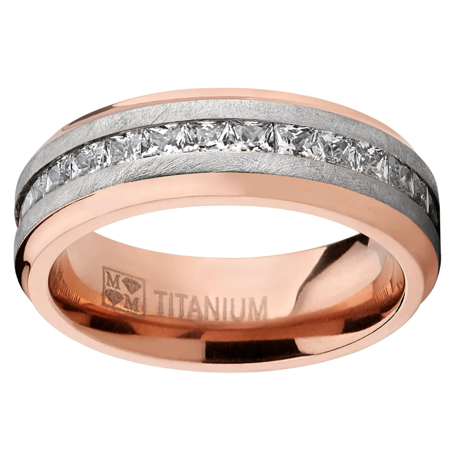 Men's Rose Plated Brushed Titanium Wedding Ring Eternity Band with Channel Set Princess Cut Cubic Zirconia 8mm