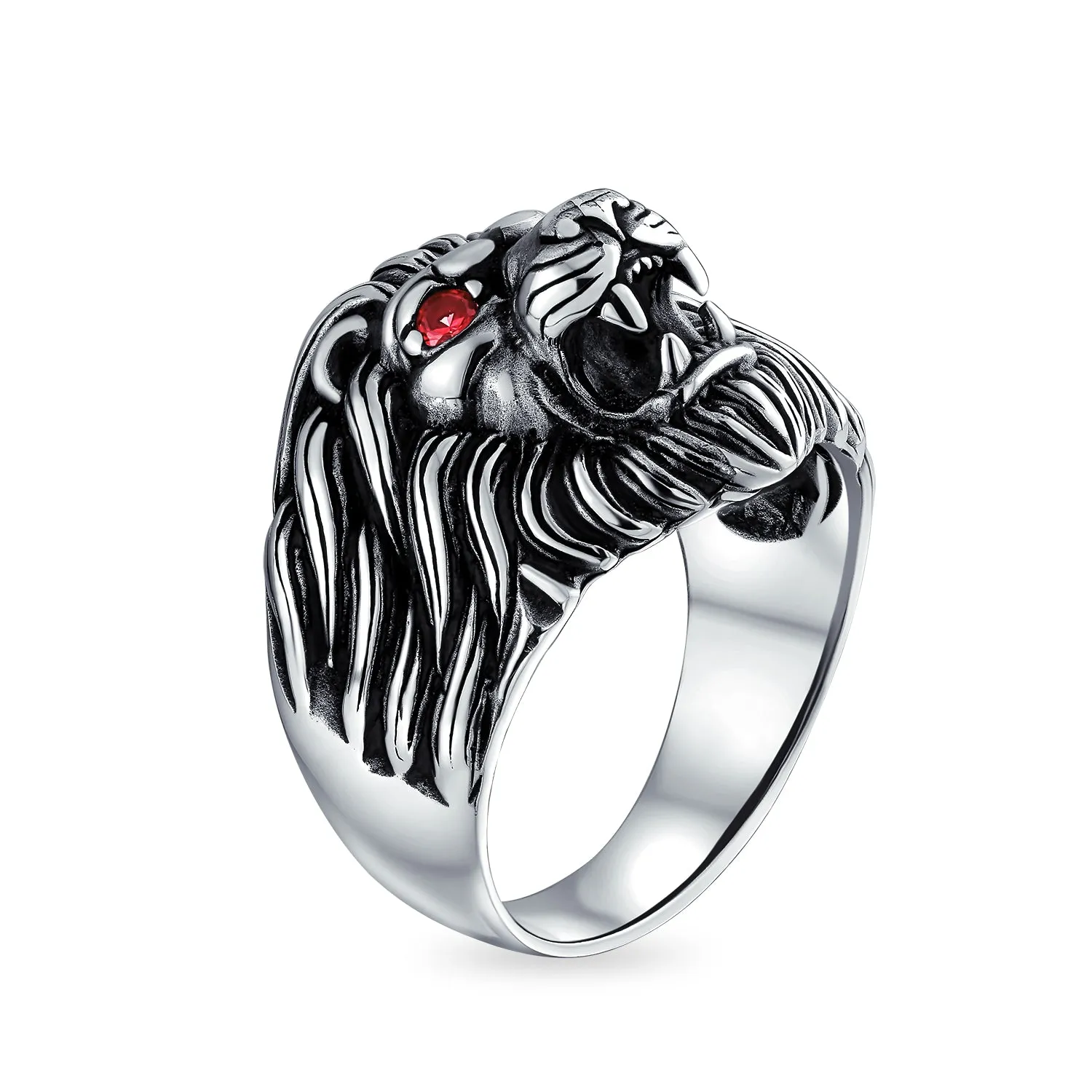 Mens Silver Ring with Red Ruby Eyes Lion Design Solid Oxidized .925 Sterling Silver