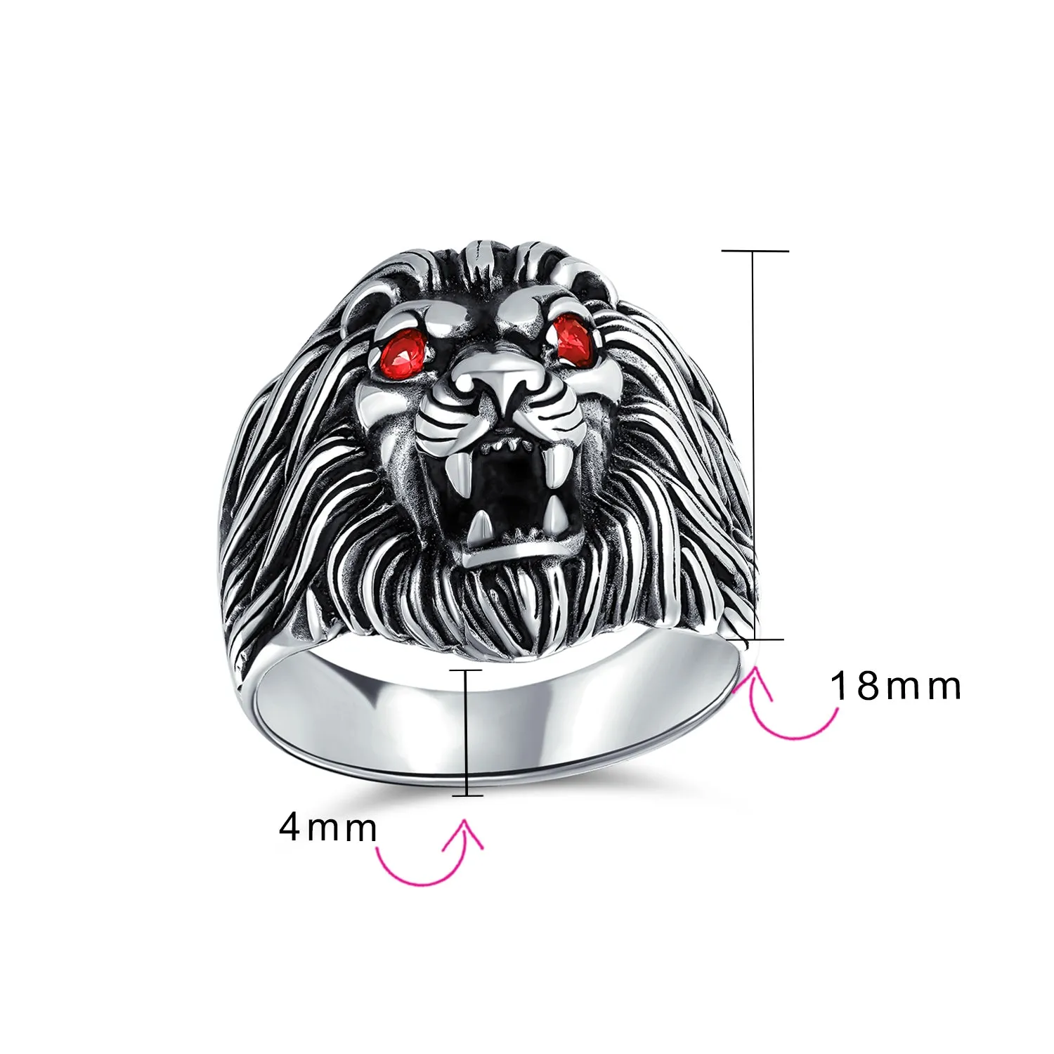 Mens Silver Ring with Red Ruby Eyes Lion Design Solid Oxidized .925 Sterling Silver