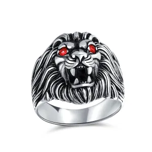 Mens Silver Ring with Red Ruby Eyes Lion Design Solid Oxidized .925 Sterling Silver