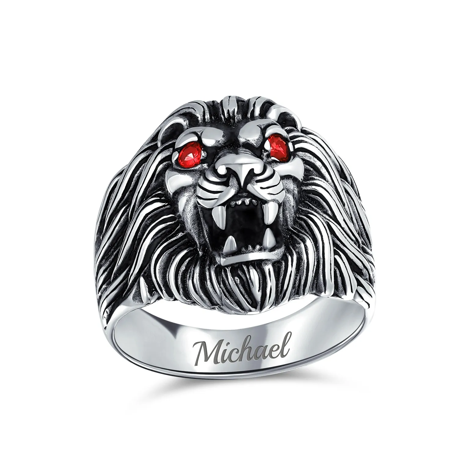 Mens Silver Ring with Red Ruby Eyes Lion Design Solid Oxidized .925 Sterling Silver