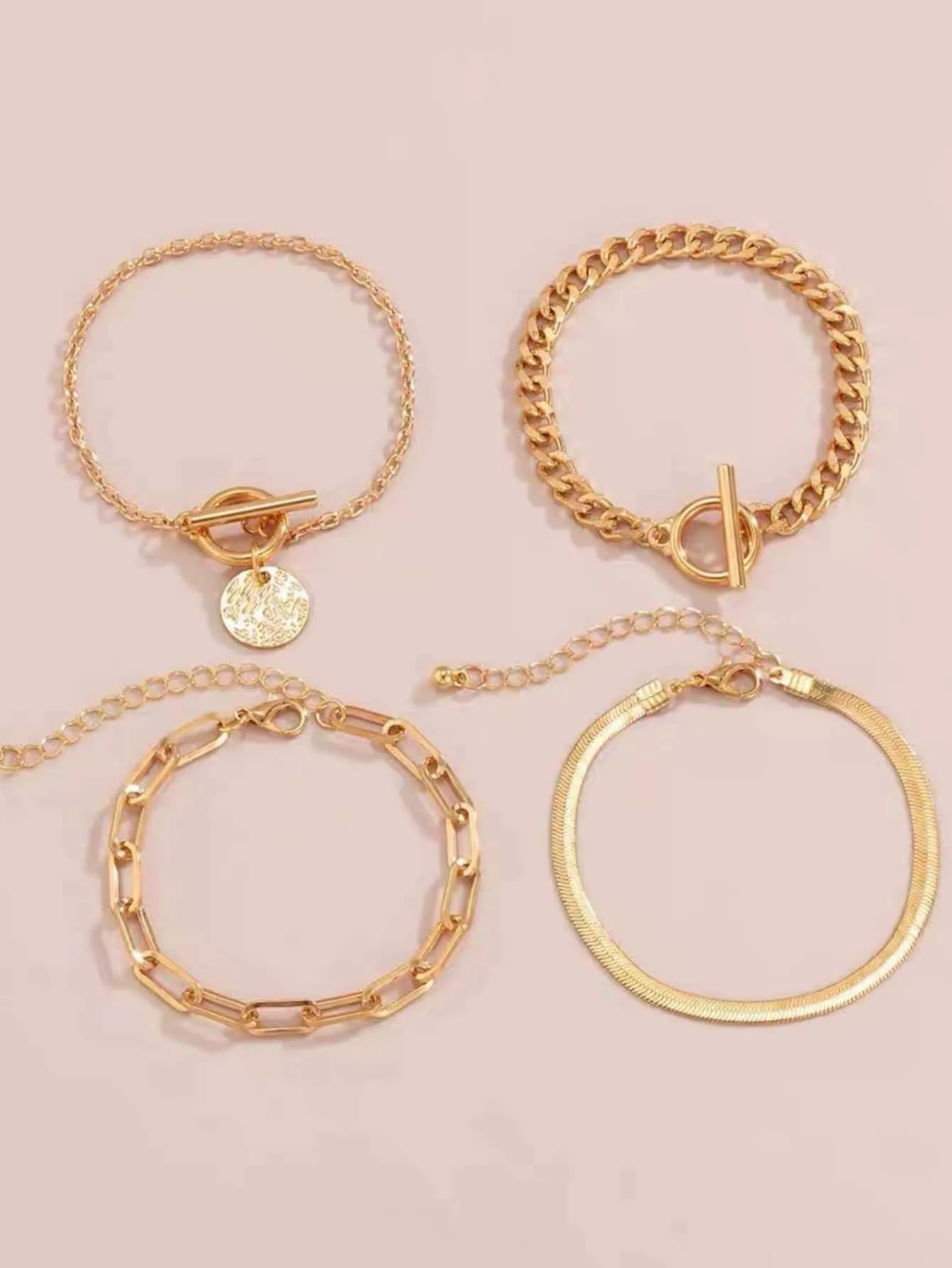 Minimalist Disc Charm OT Buckle Chain Bracelet 4pcs Set