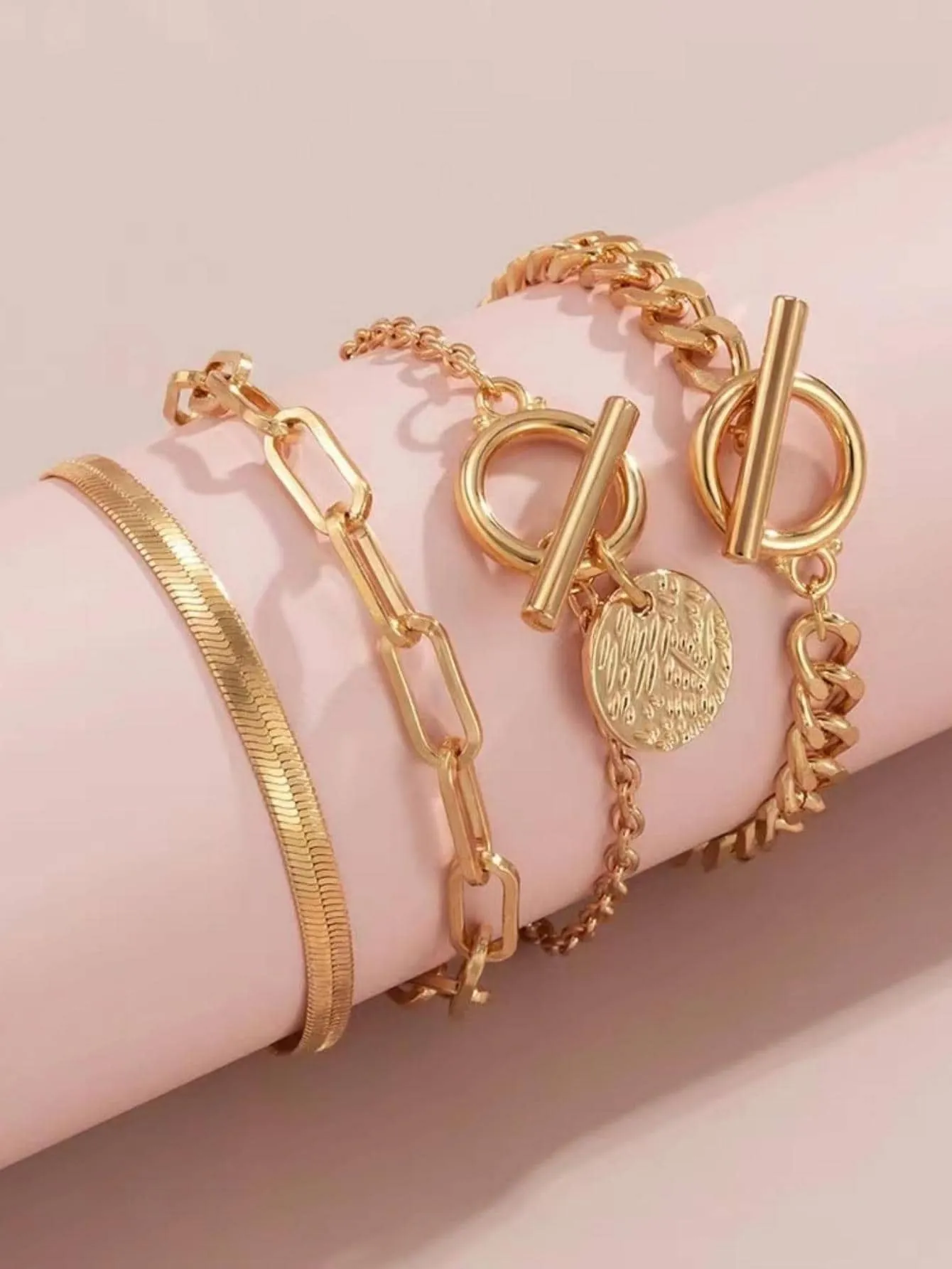 Minimalist Disc Charm OT Buckle Chain Bracelet 4pcs Set