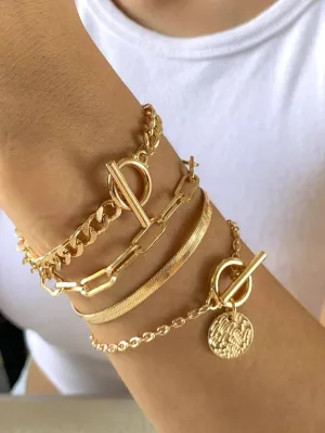 Minimalist Disc Charm OT Buckle Chain Bracelet 4pcs Set