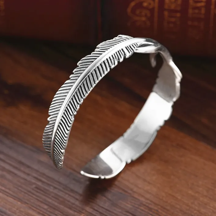 Minimalist Thai Silver Double Feather Bangle Bracelet