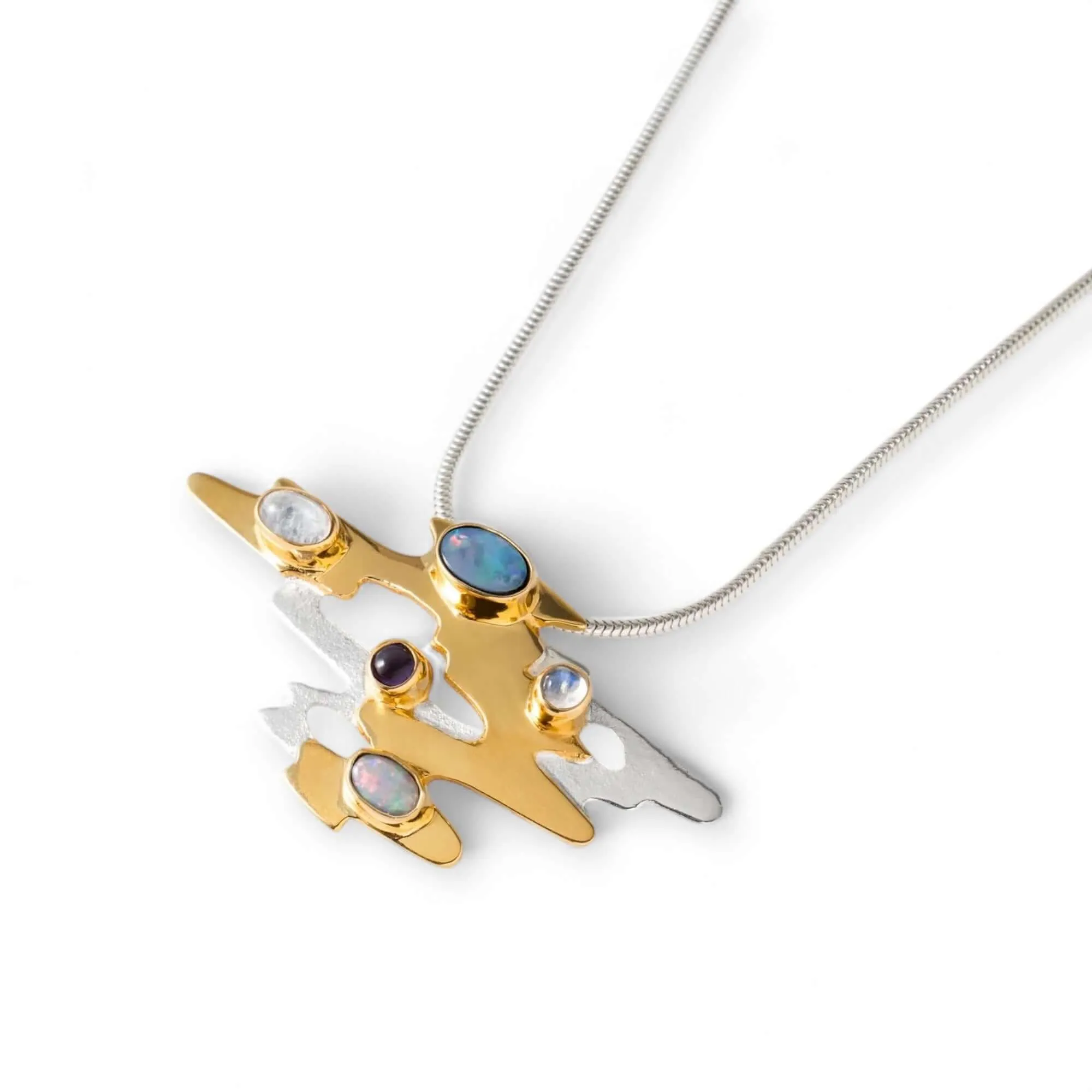 Monet Reflections Water Lily Pendant - Sterling Silver with Opals, Moonstone & Amethyst