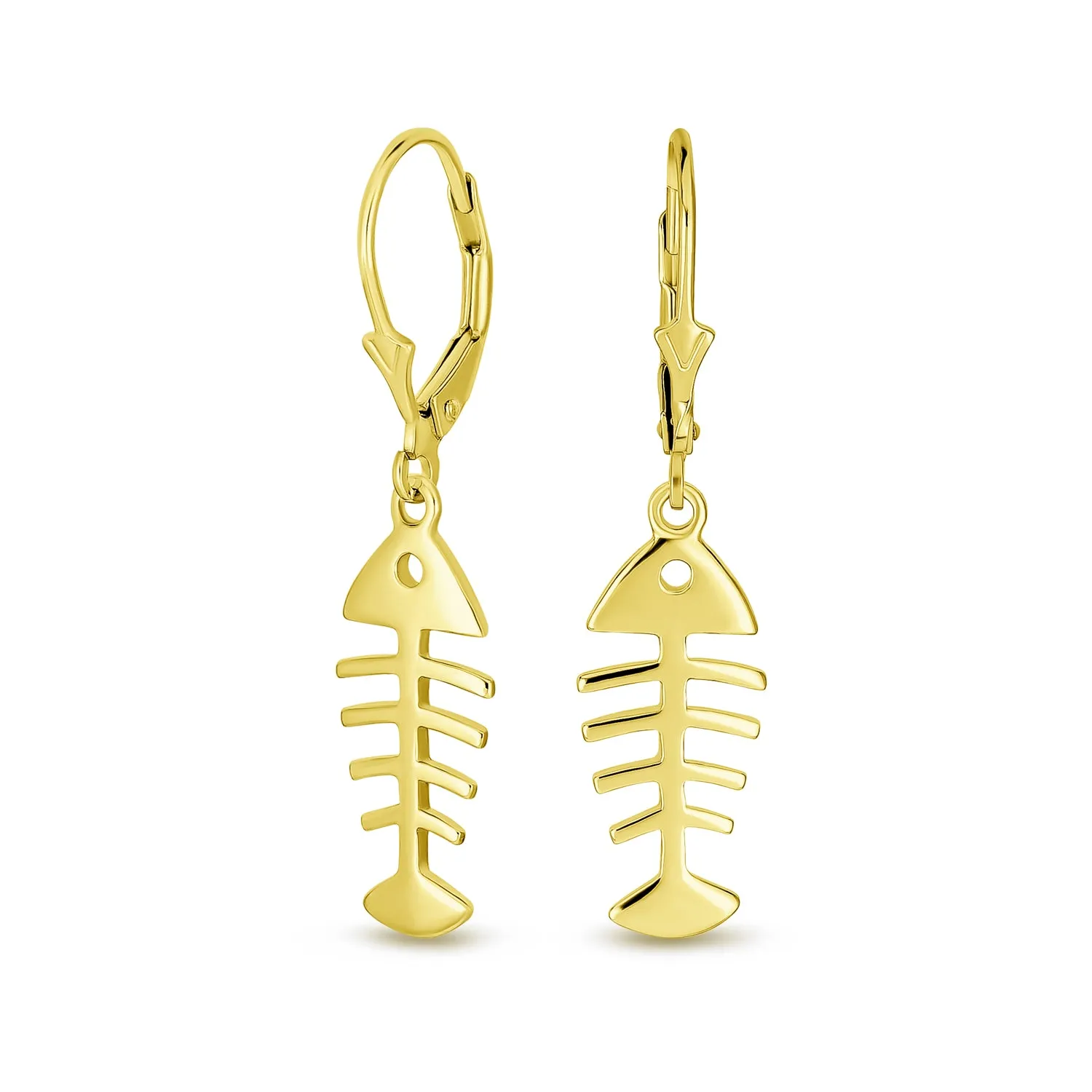 Nautical Ocean Leverback Dangle Earrings Fishbone 14K Gold Plated Sterling Silver