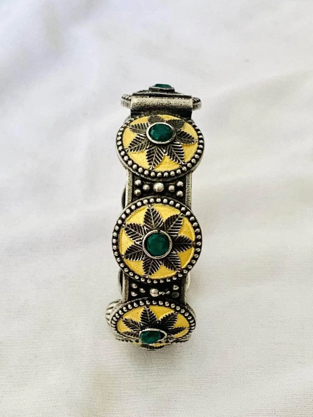 Oxidised Tribal Bangle With Green Stones