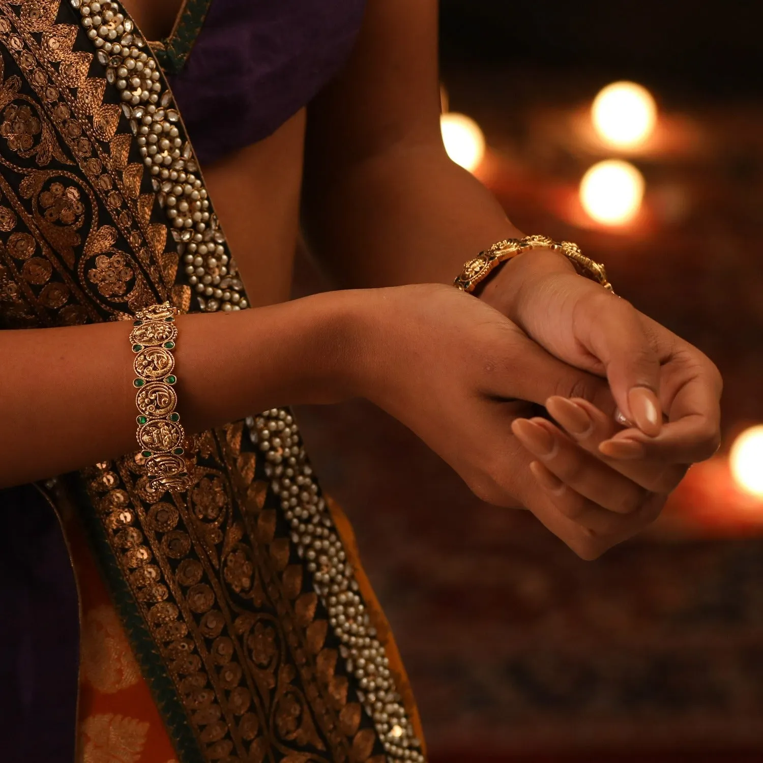 Peacock Temple Classic Kempu Silver Bangles