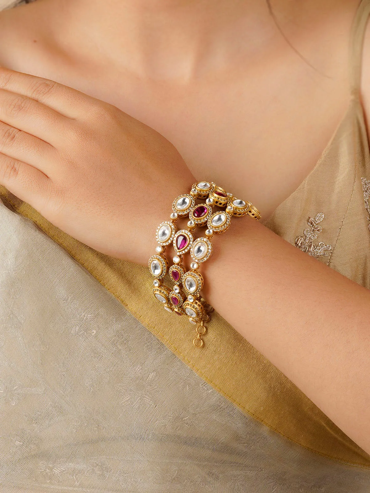 Pink Color Gold Plated Faux Polki Bracelet - PK-BRAC1WP