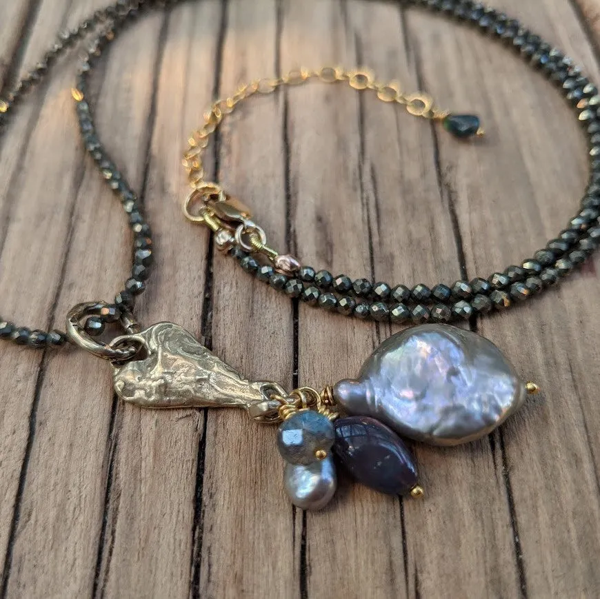 Pyrite, Gray Pearl, Labradorite & Black Opal Pendant Necklace